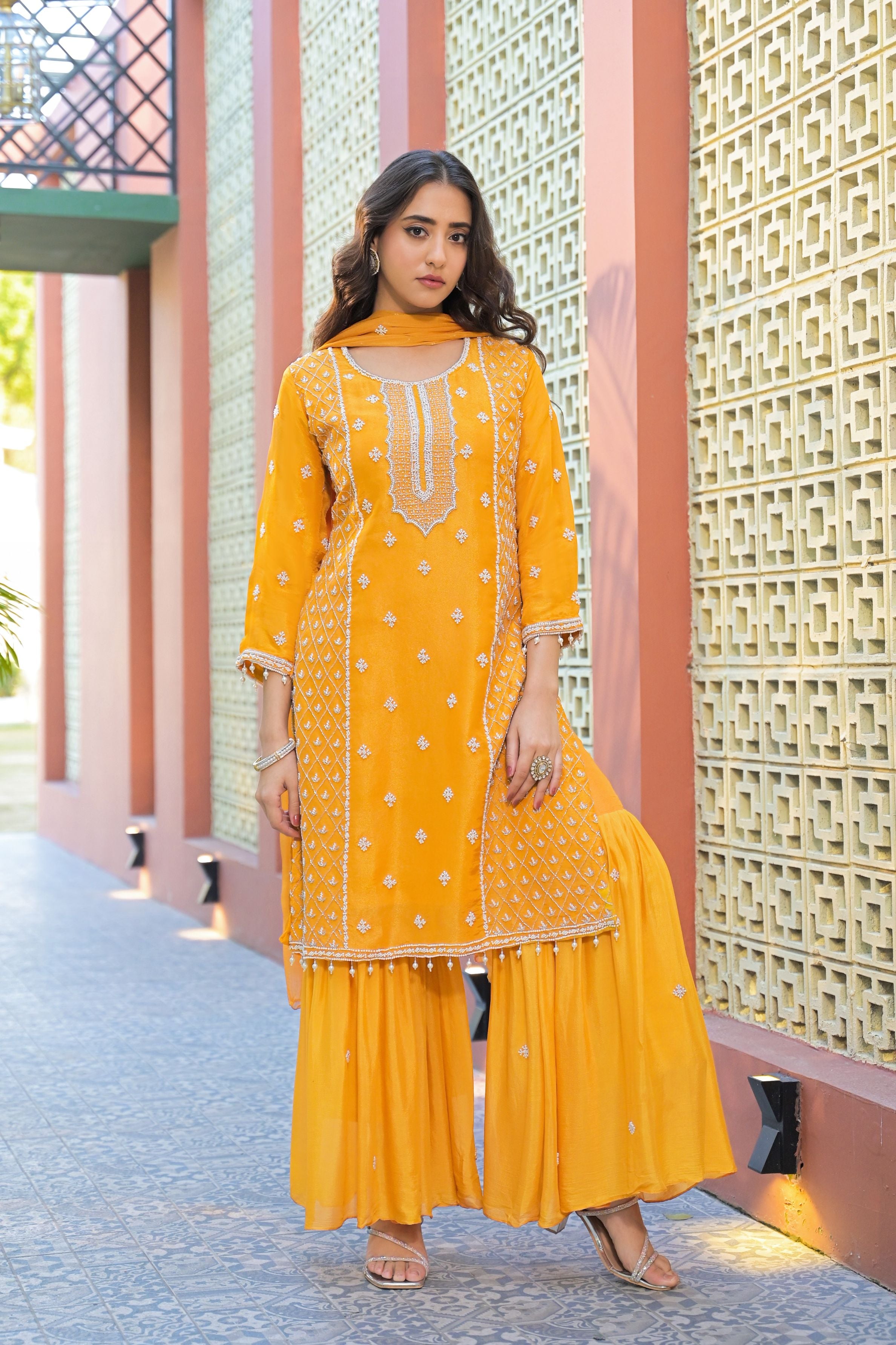 Classic Amber Yellow Sharara Set