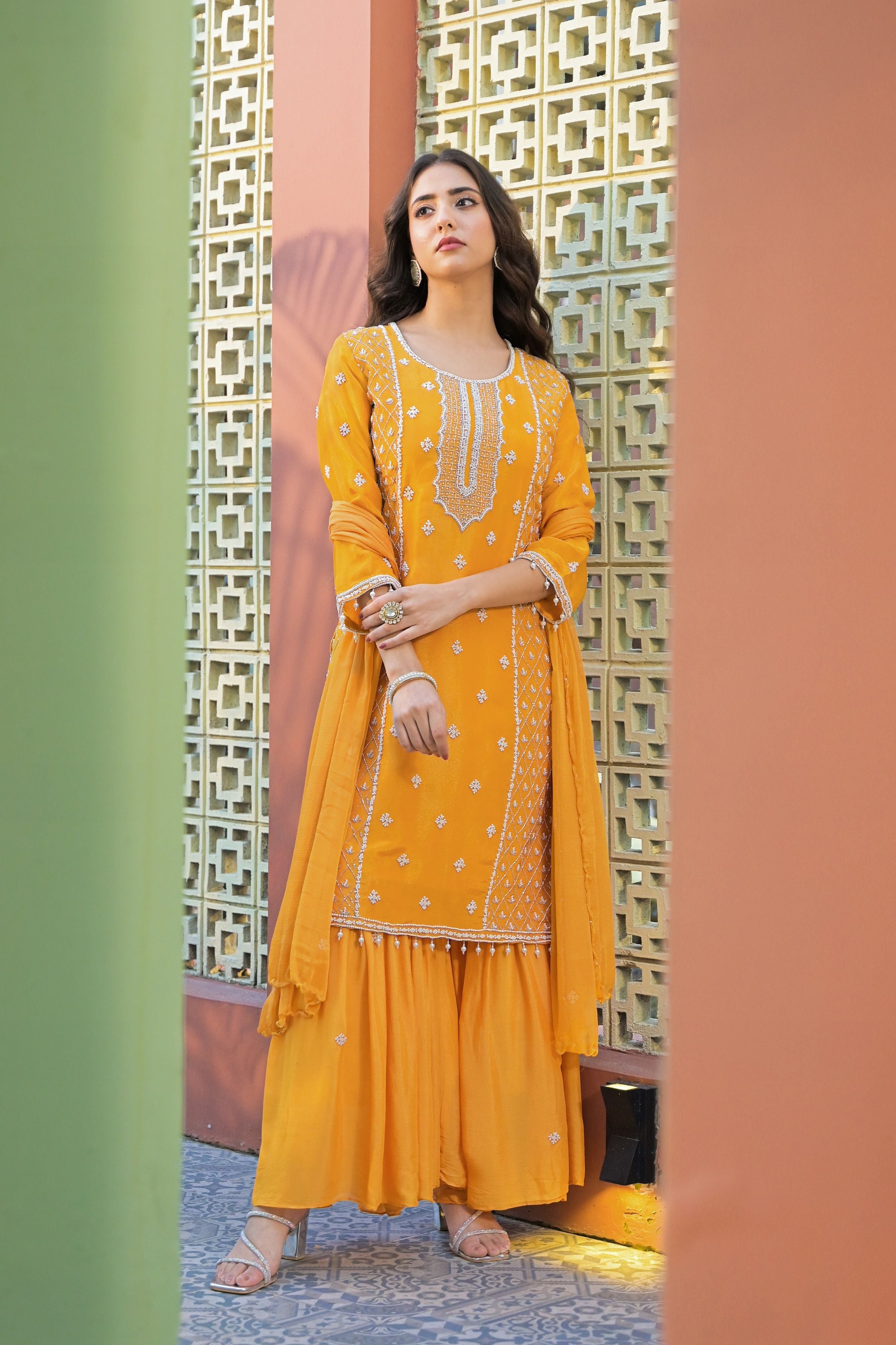 Classic Amber Yellow Sharara Set