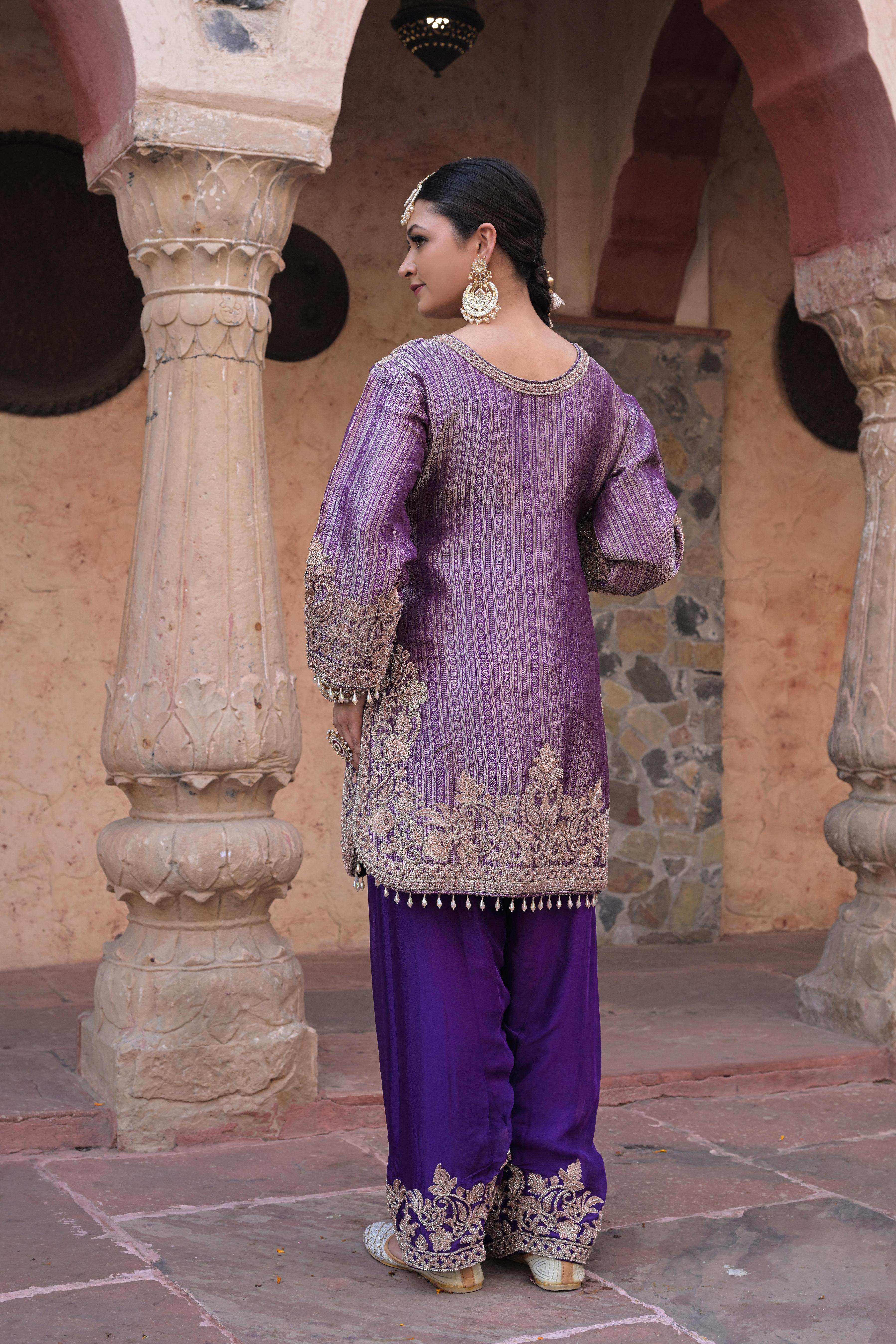 Grape Violet Embellished Brocade Silk Pant Set