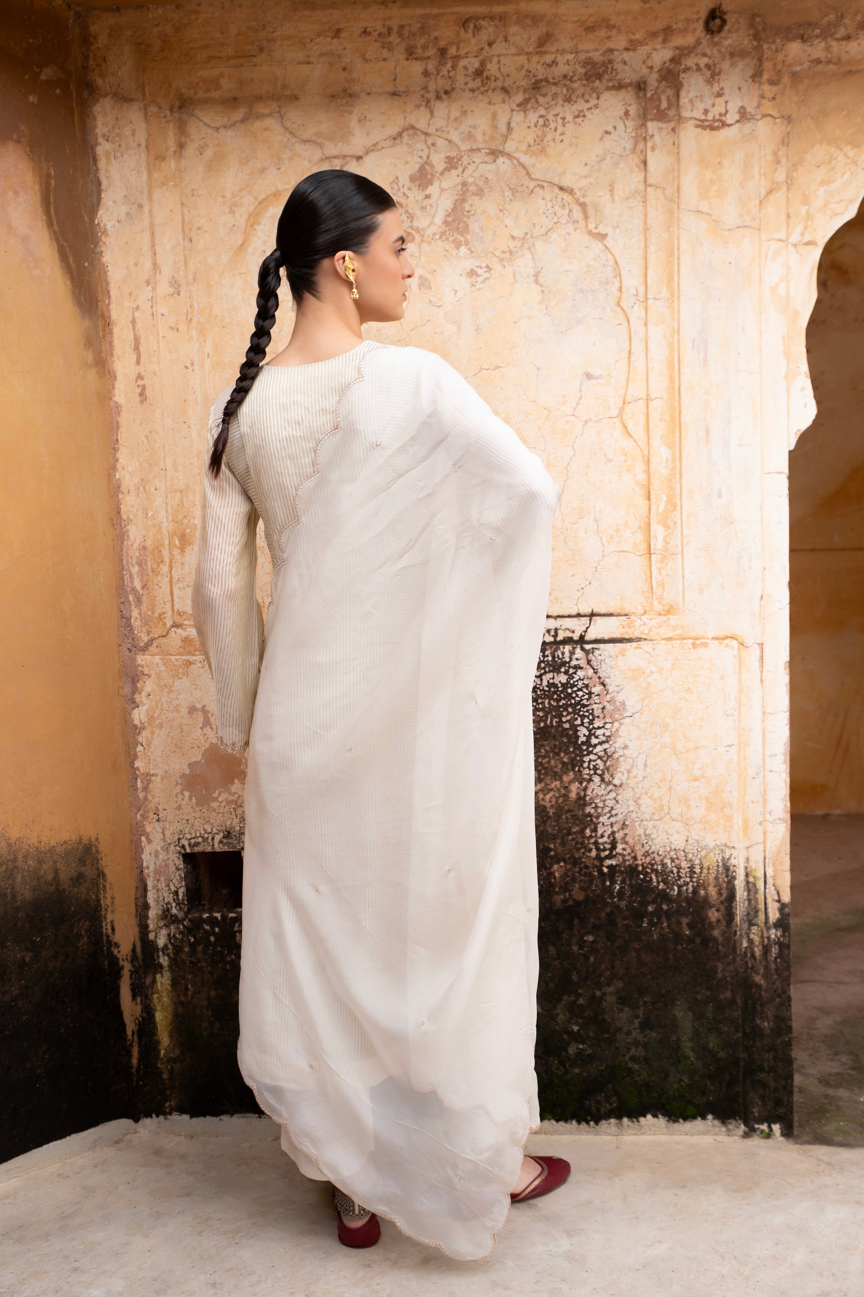 Cream Embellished Premium Silk Pant Set