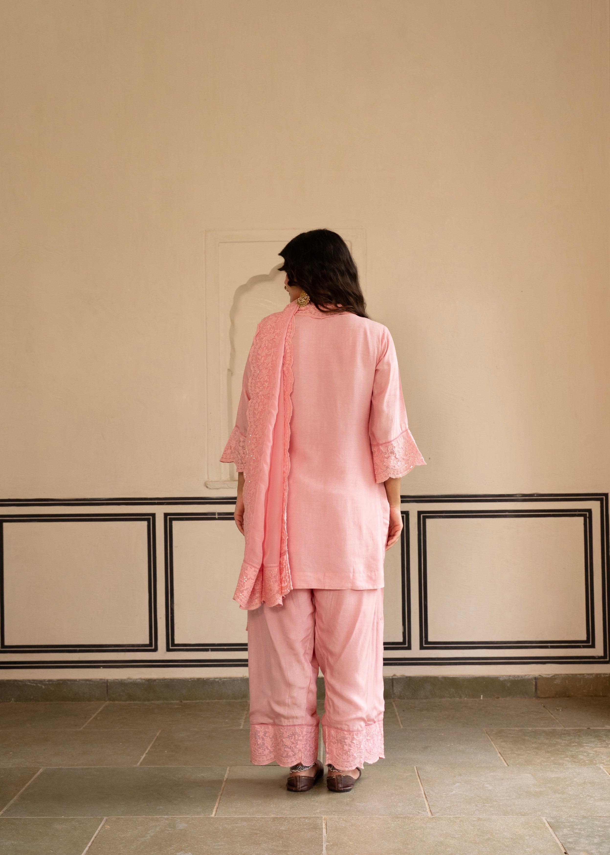 Petal Pink Chikankari Dola Silk Salwar Pant Set