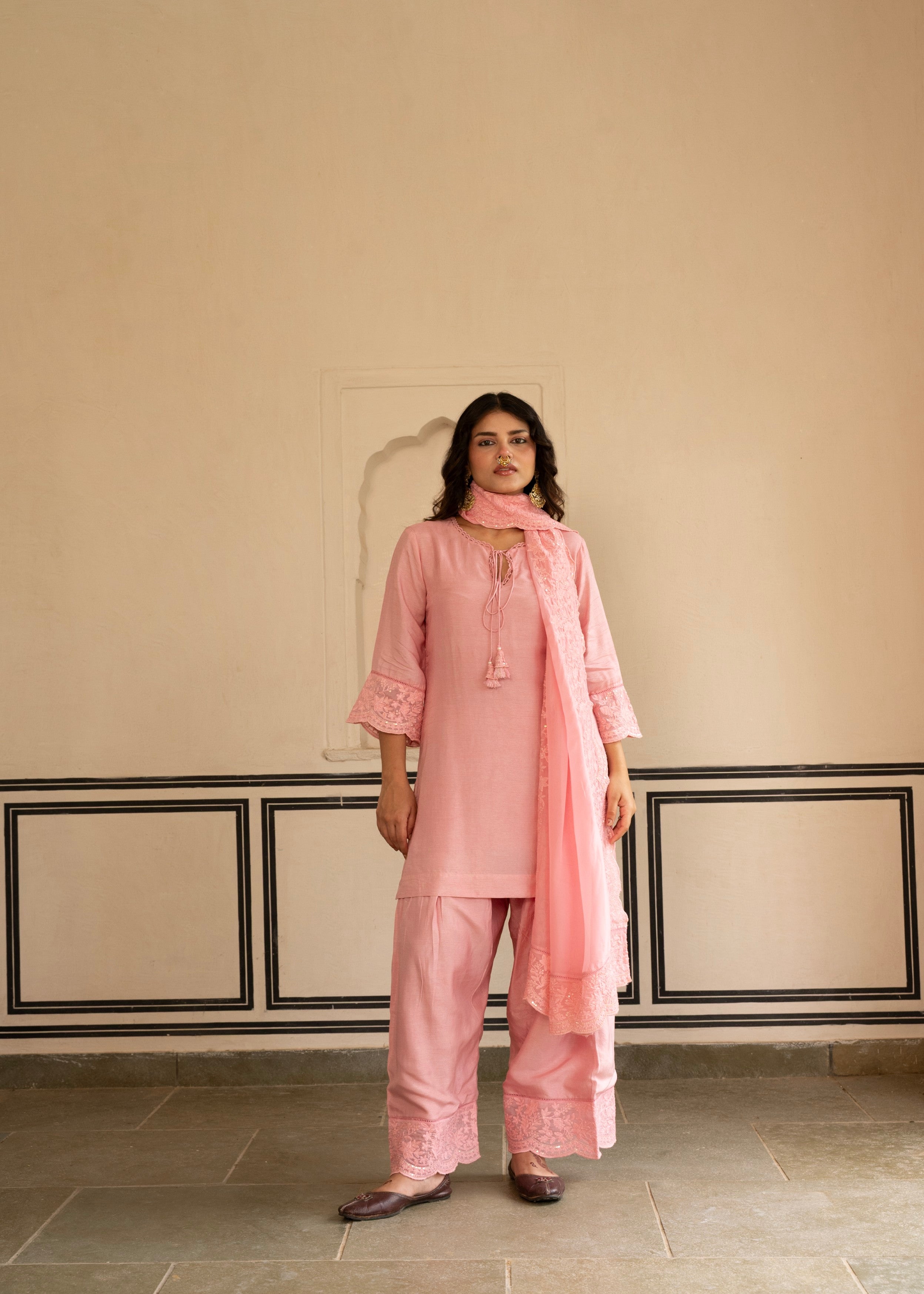 Petal Pink Chikankari Dola Silk Salwar Pant Set
