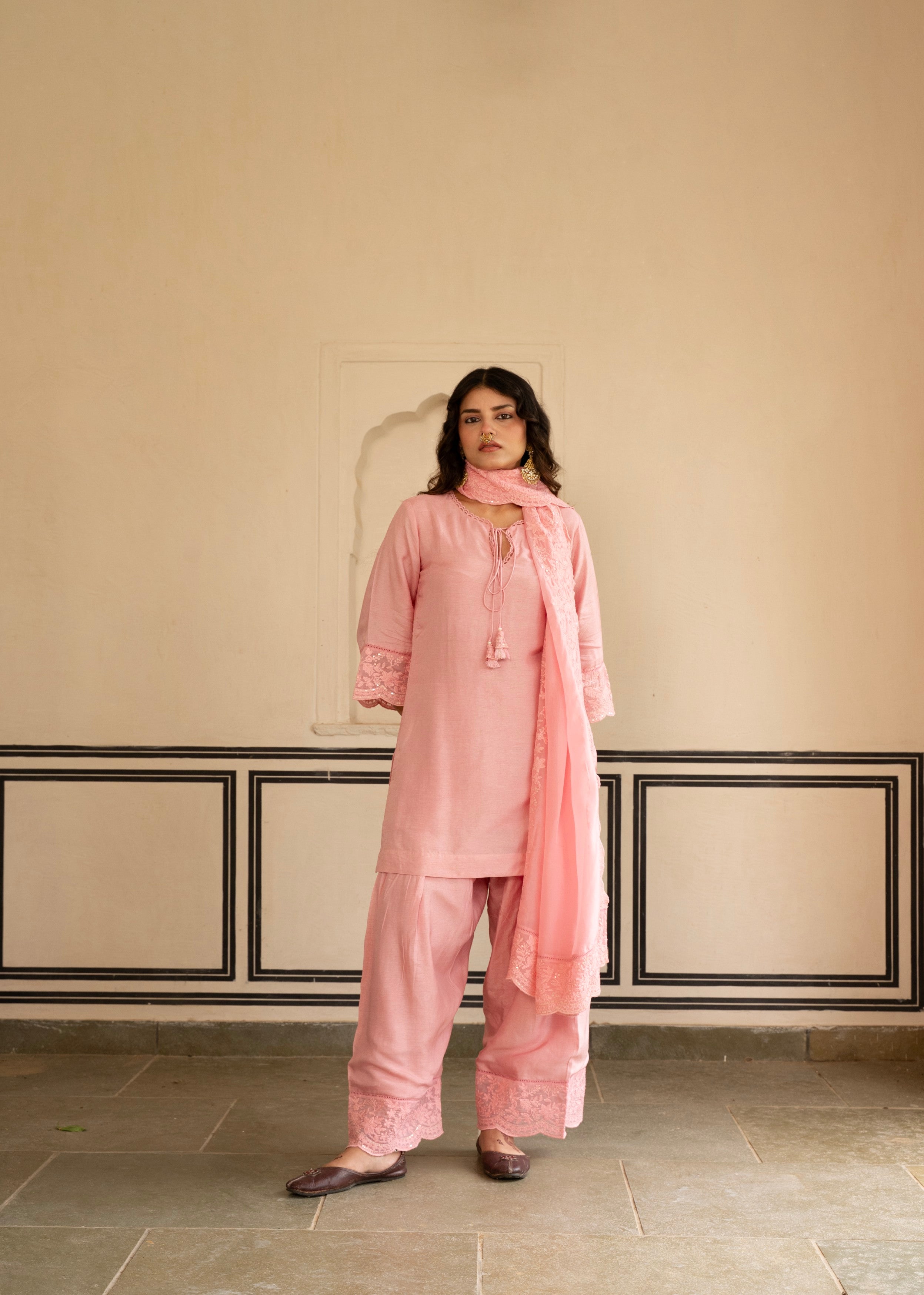 Petal Pink Chikankari Dola Silk Salwar Pant Set