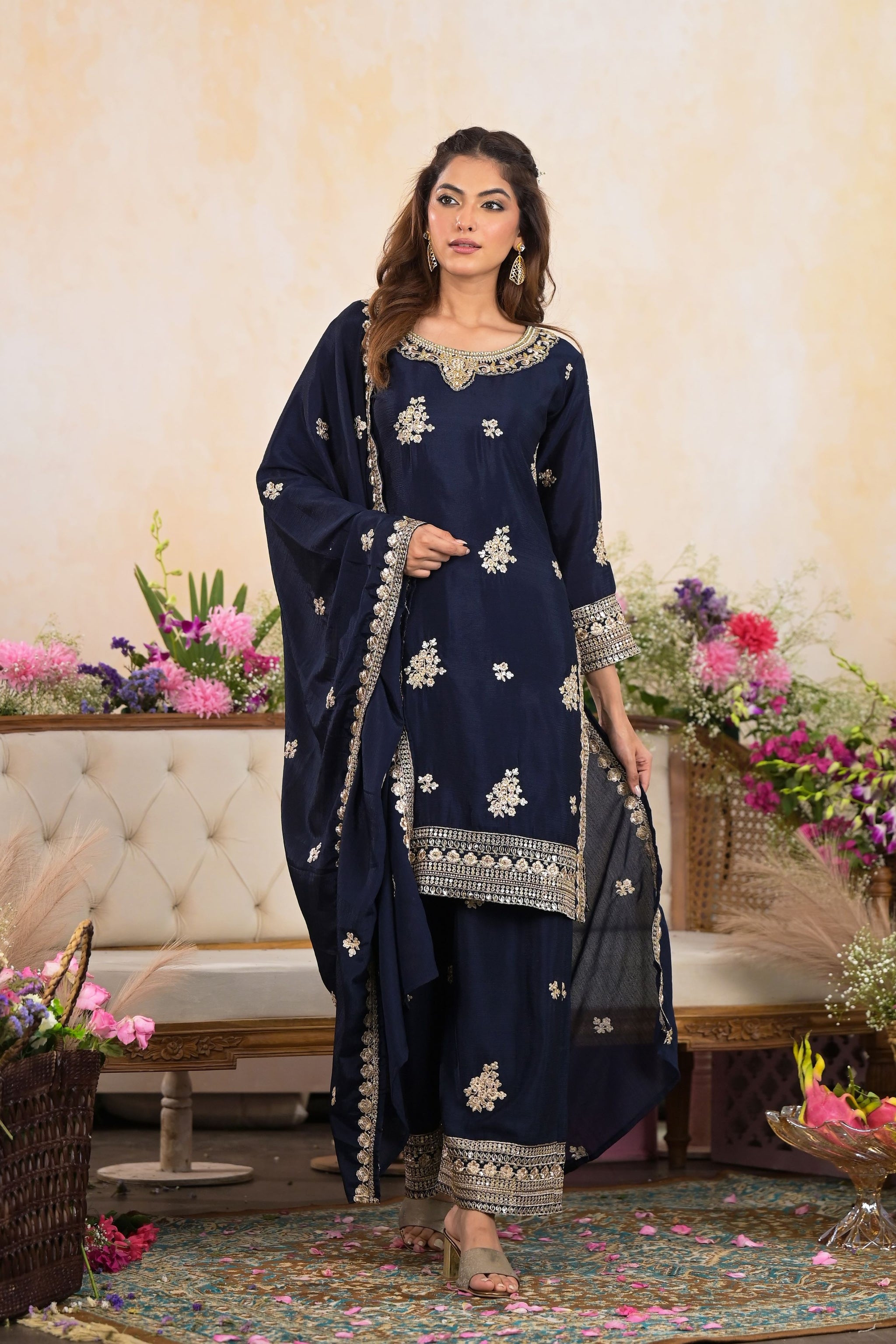 Navy Blue Embellished Premium Chinon Silk Palazzo Set