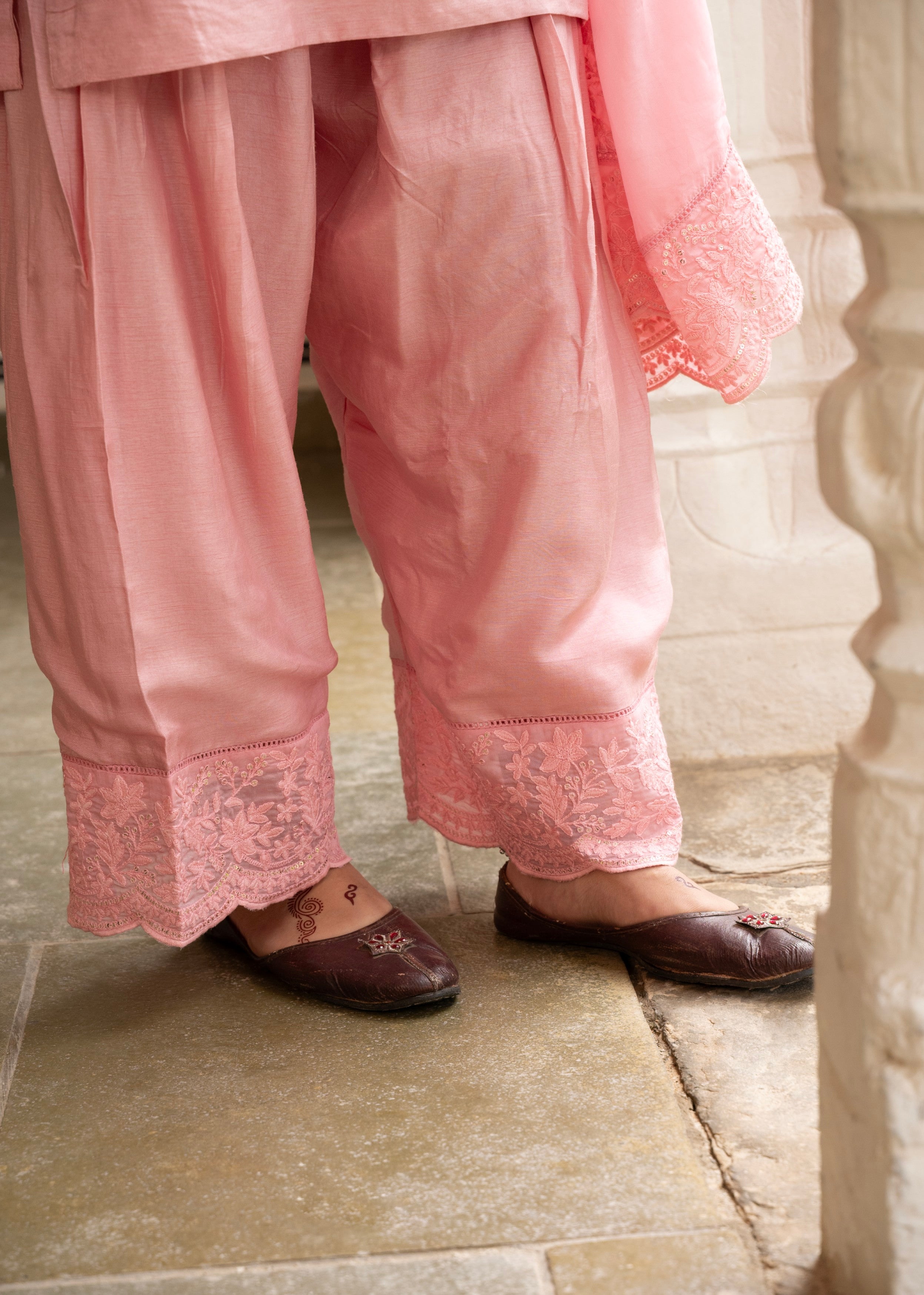 Petal Pink Chikankari Dola Silk Salwar Pant Set