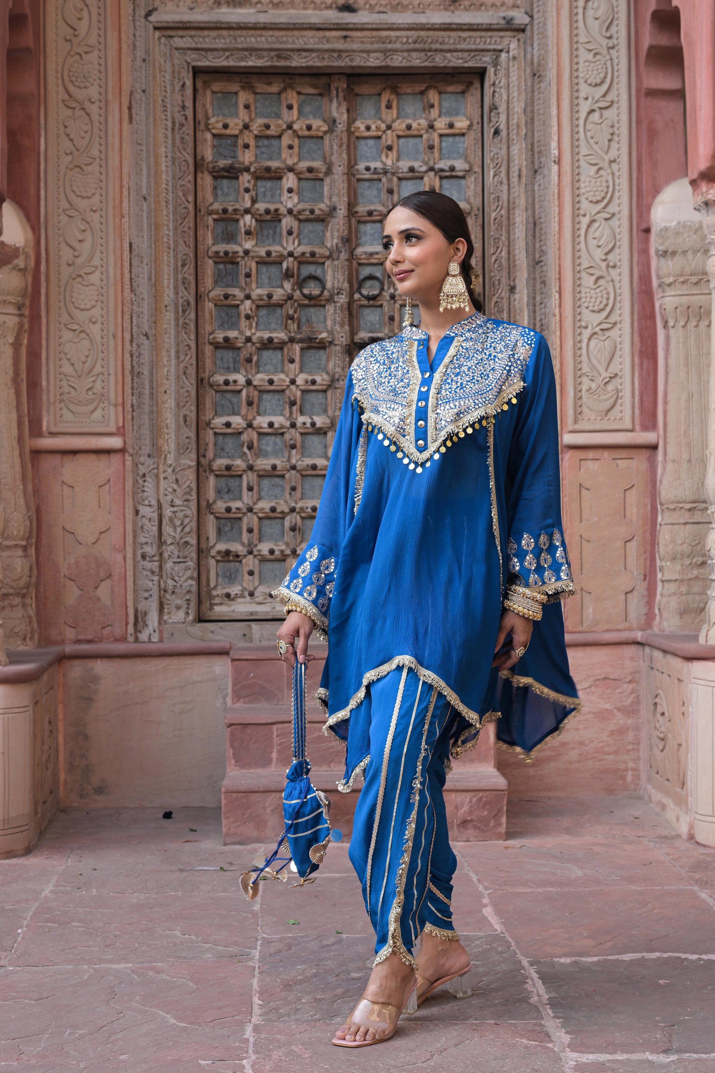 Royal Blue Embellished Chinon Silk Dhoti Set
