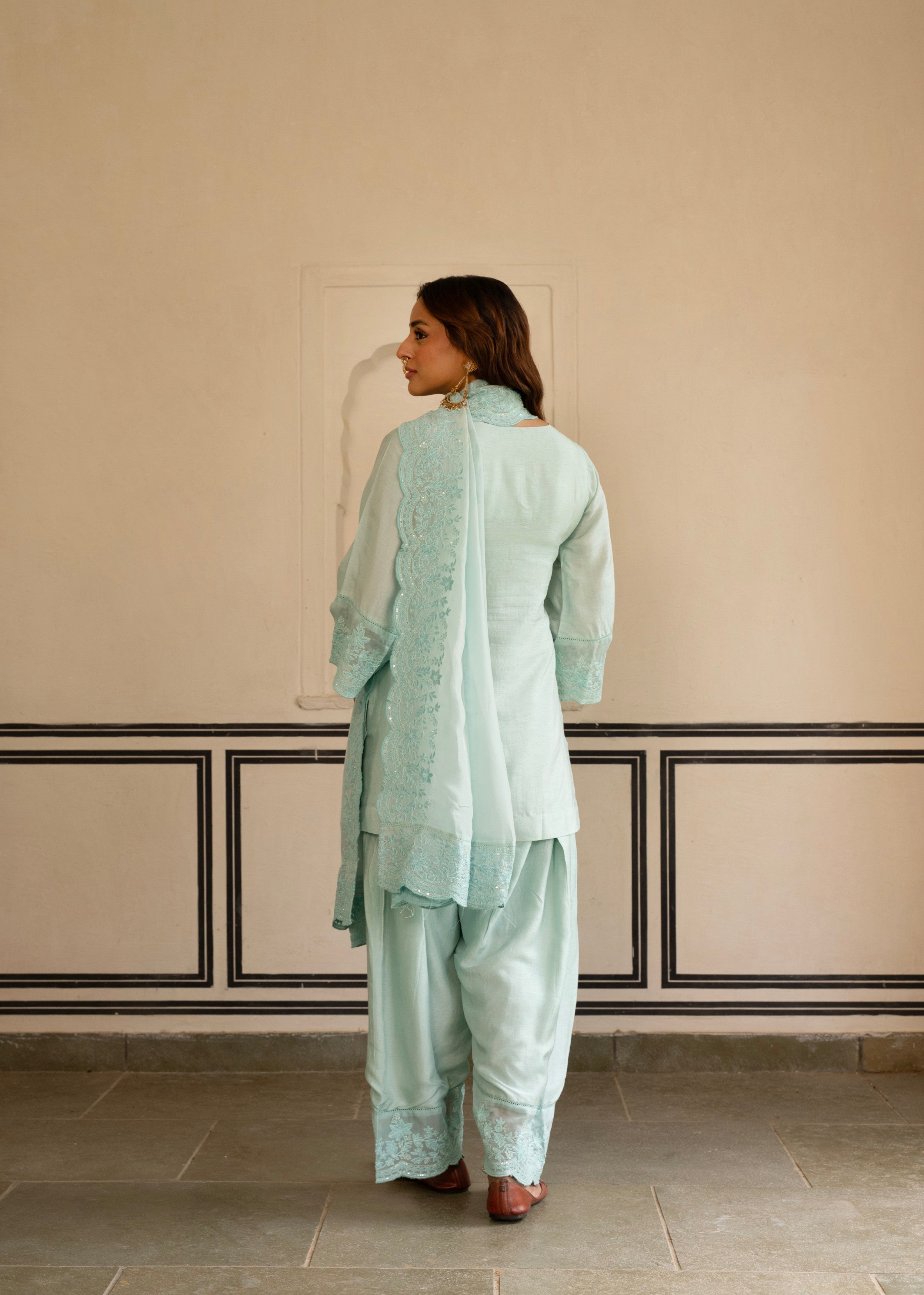 Ice Blue Chikankari Dola Silk Salwar Pant Set