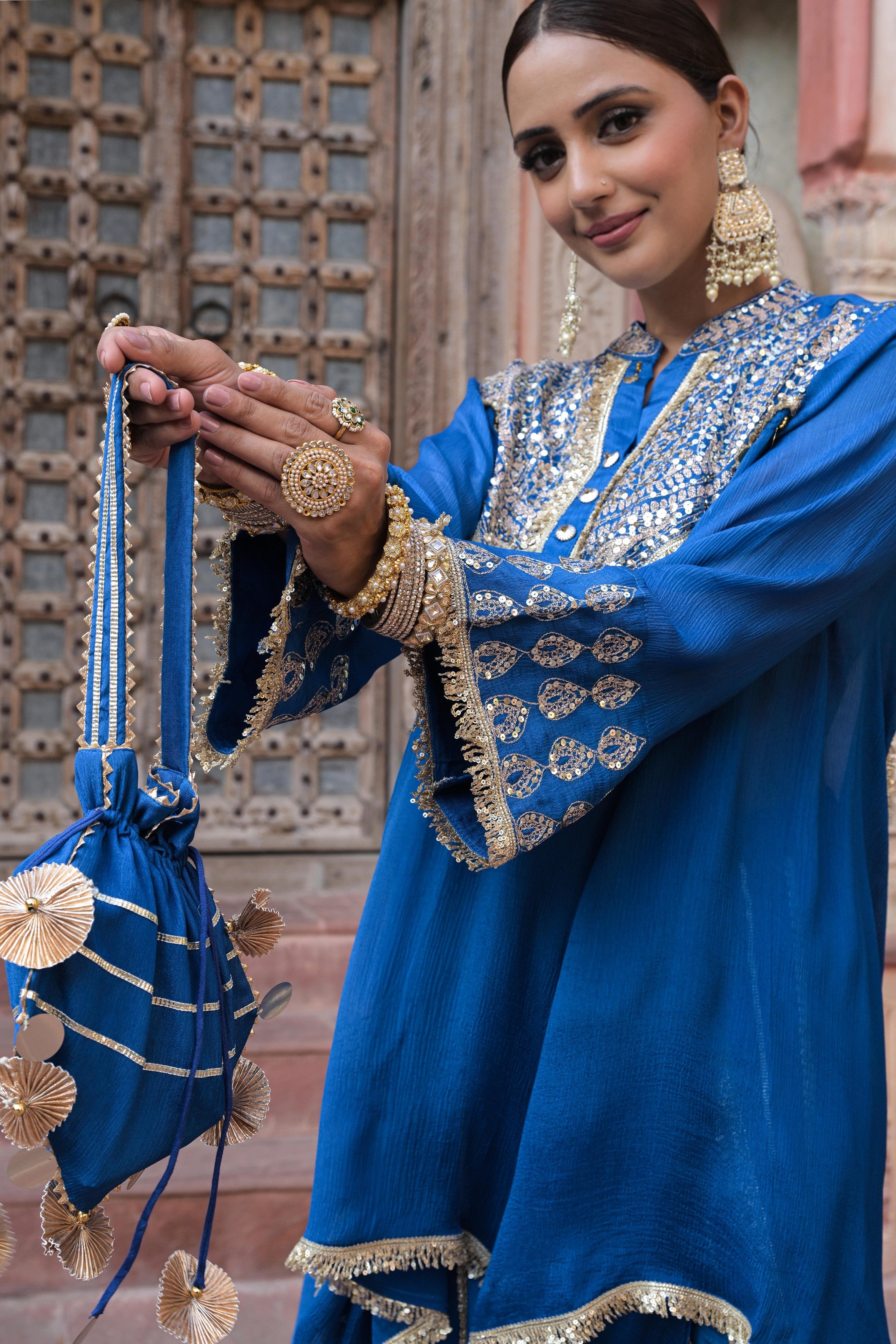 Royal Blue Embellished Chinon Silk Dhoti Set