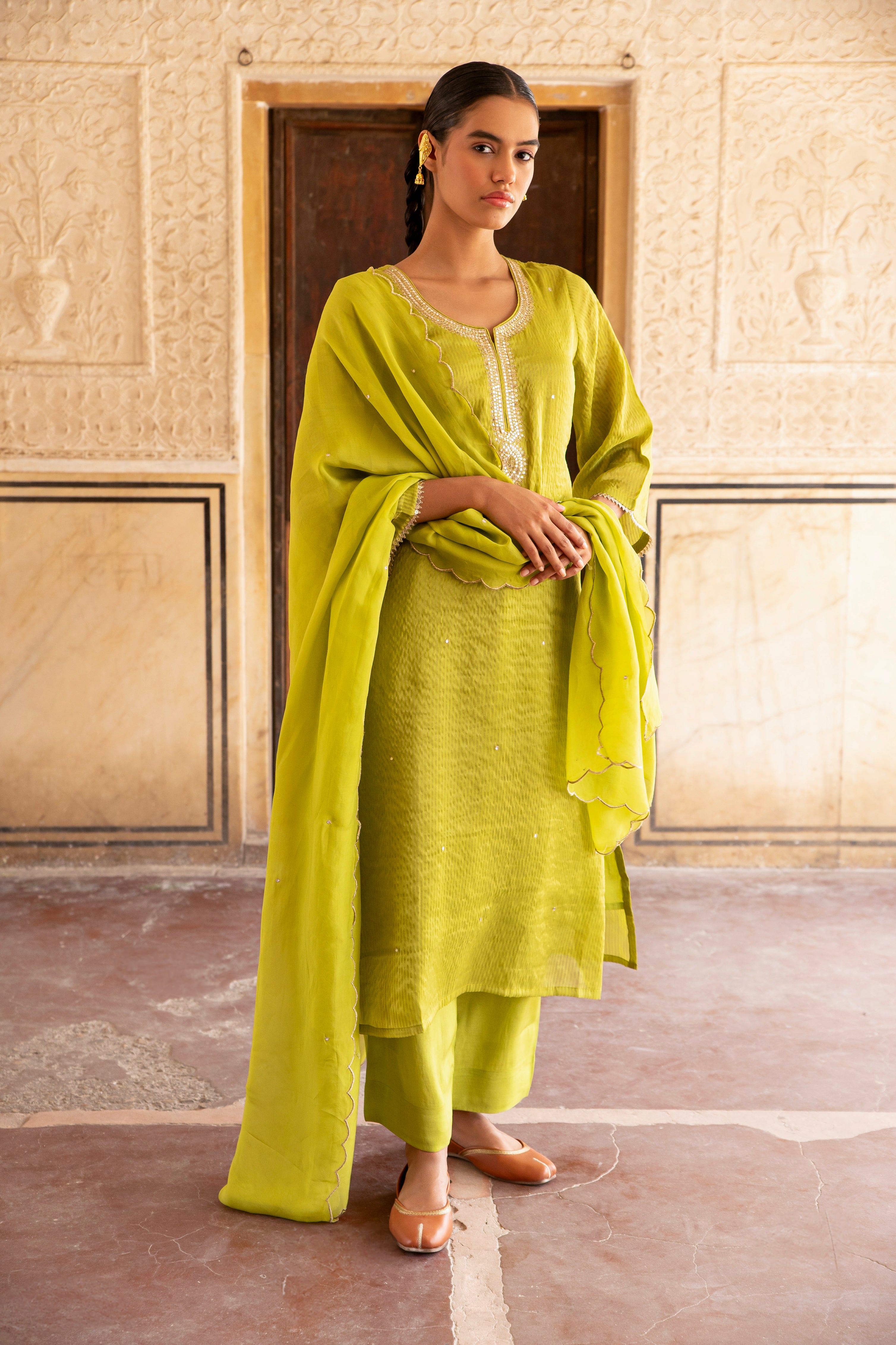 Lime Green Embellished Premium Silk Pant Set