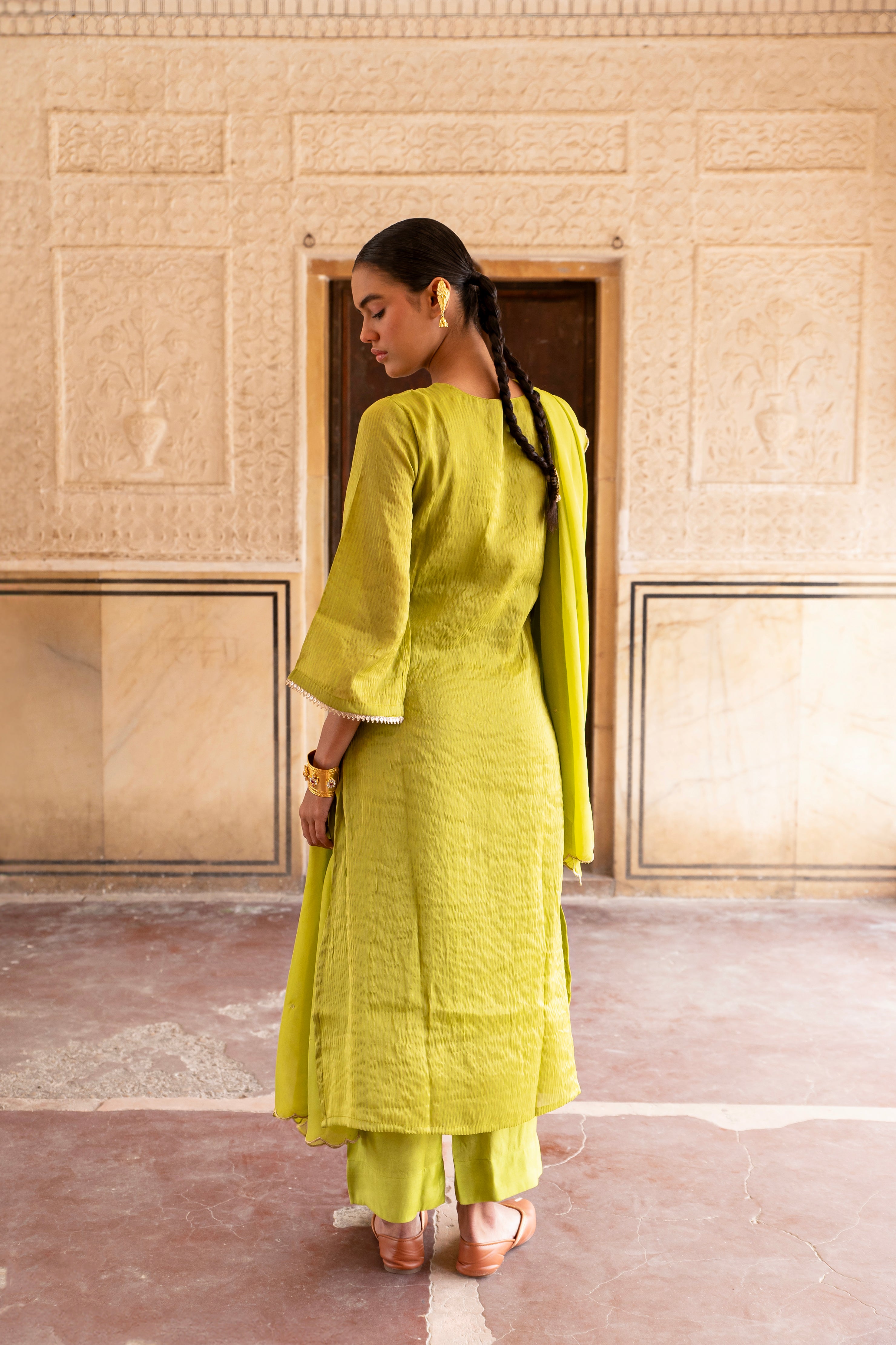 Lime Green Embellished Premium Silk Pant Set