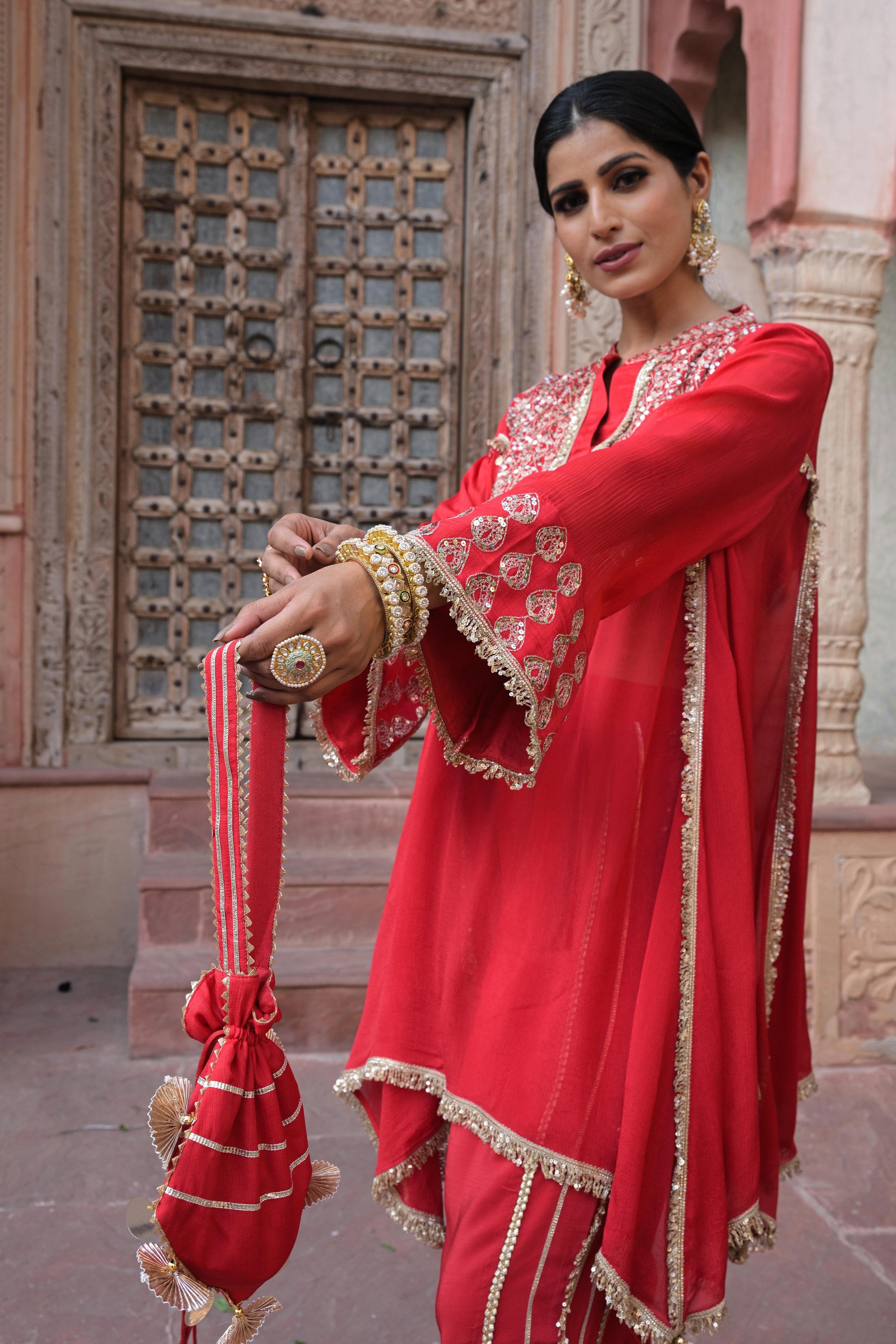Bright Red Embellished Chinon Silk Dhoti Set