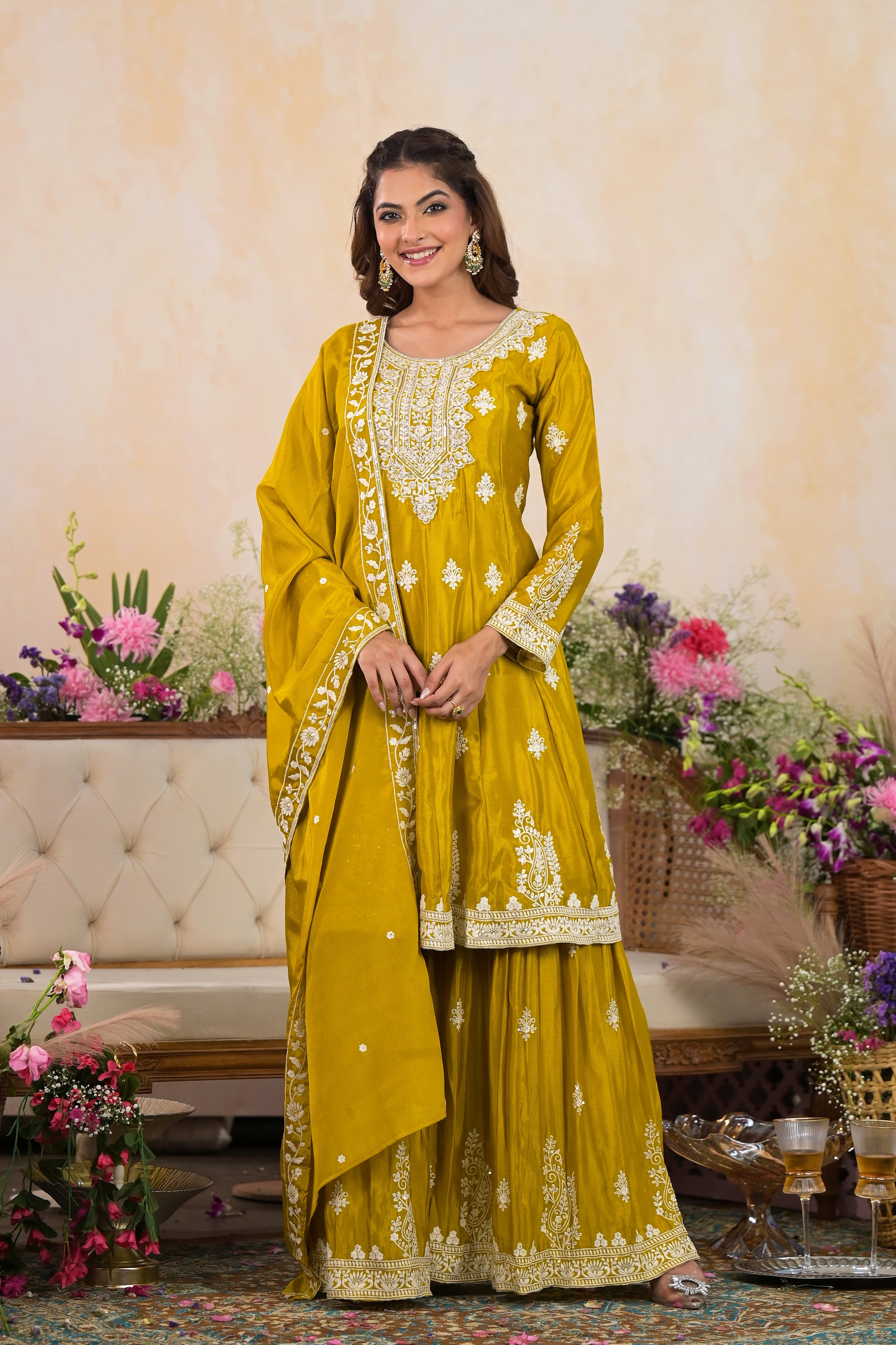 Corn Yellow Embroidered Chinon Silk Sharara Set