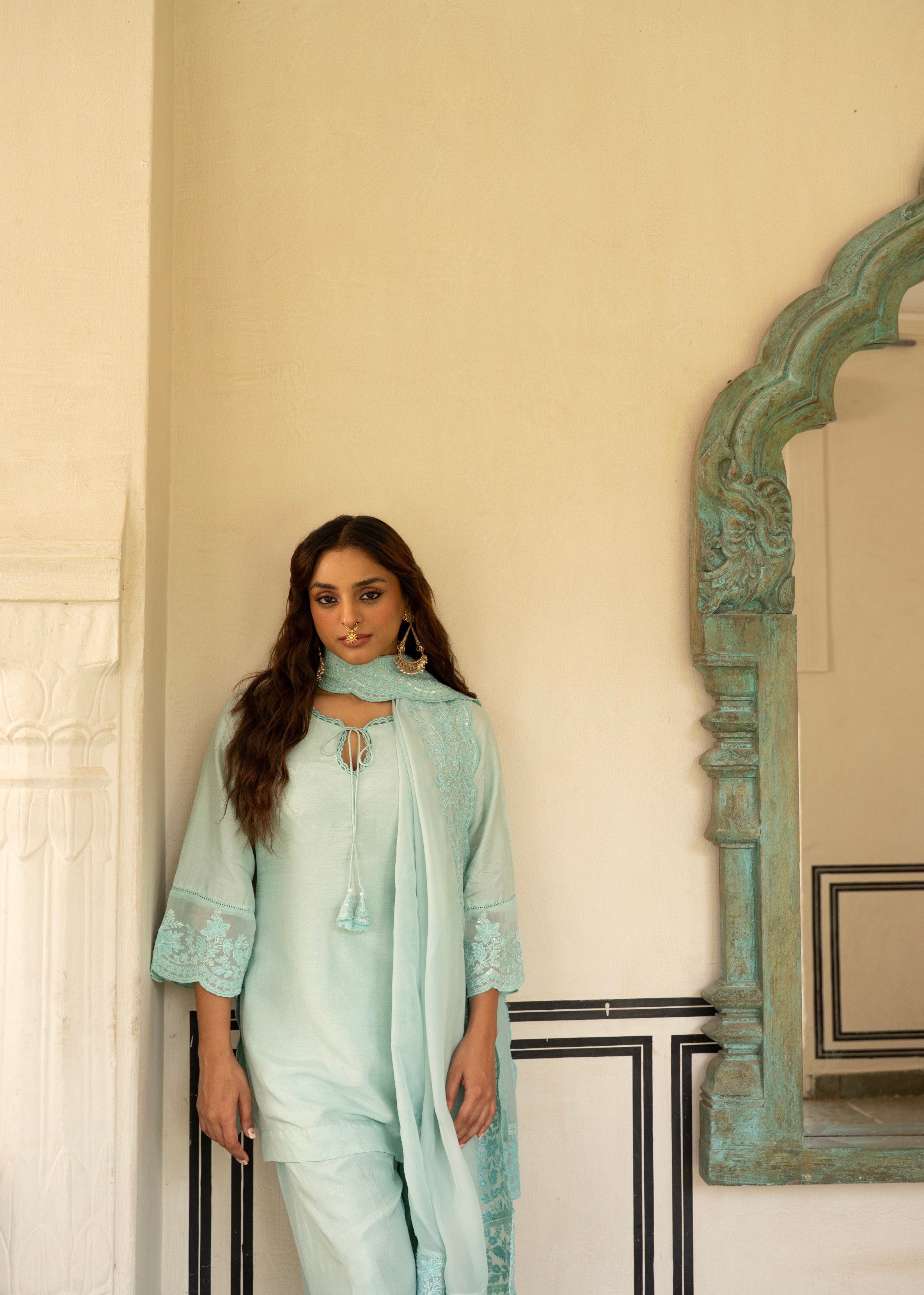 Ice Blue Chikankari Dola Silk Salwar Pant Set