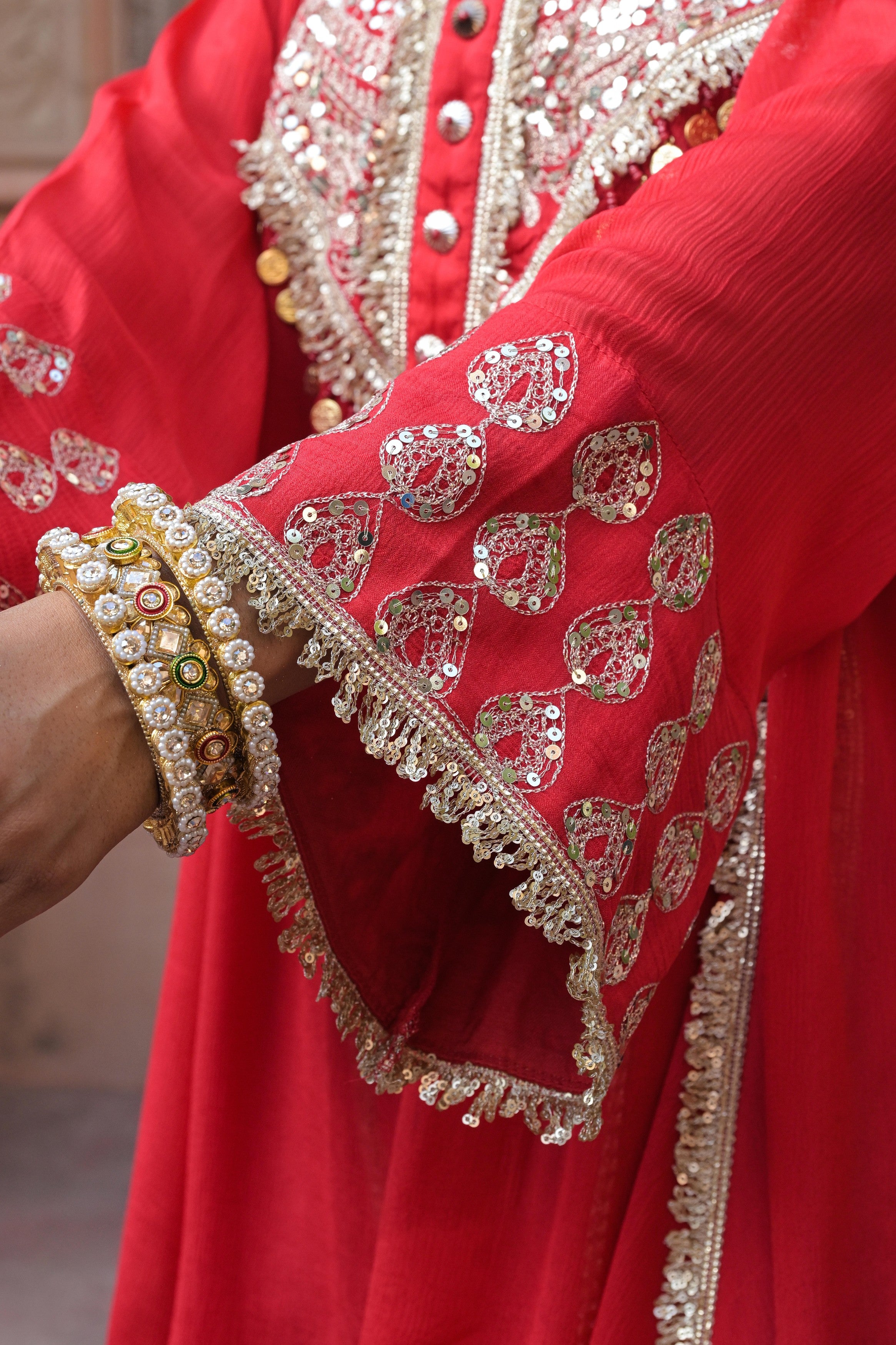 Bright Red Embellished Chinon Silk Dhoti Set