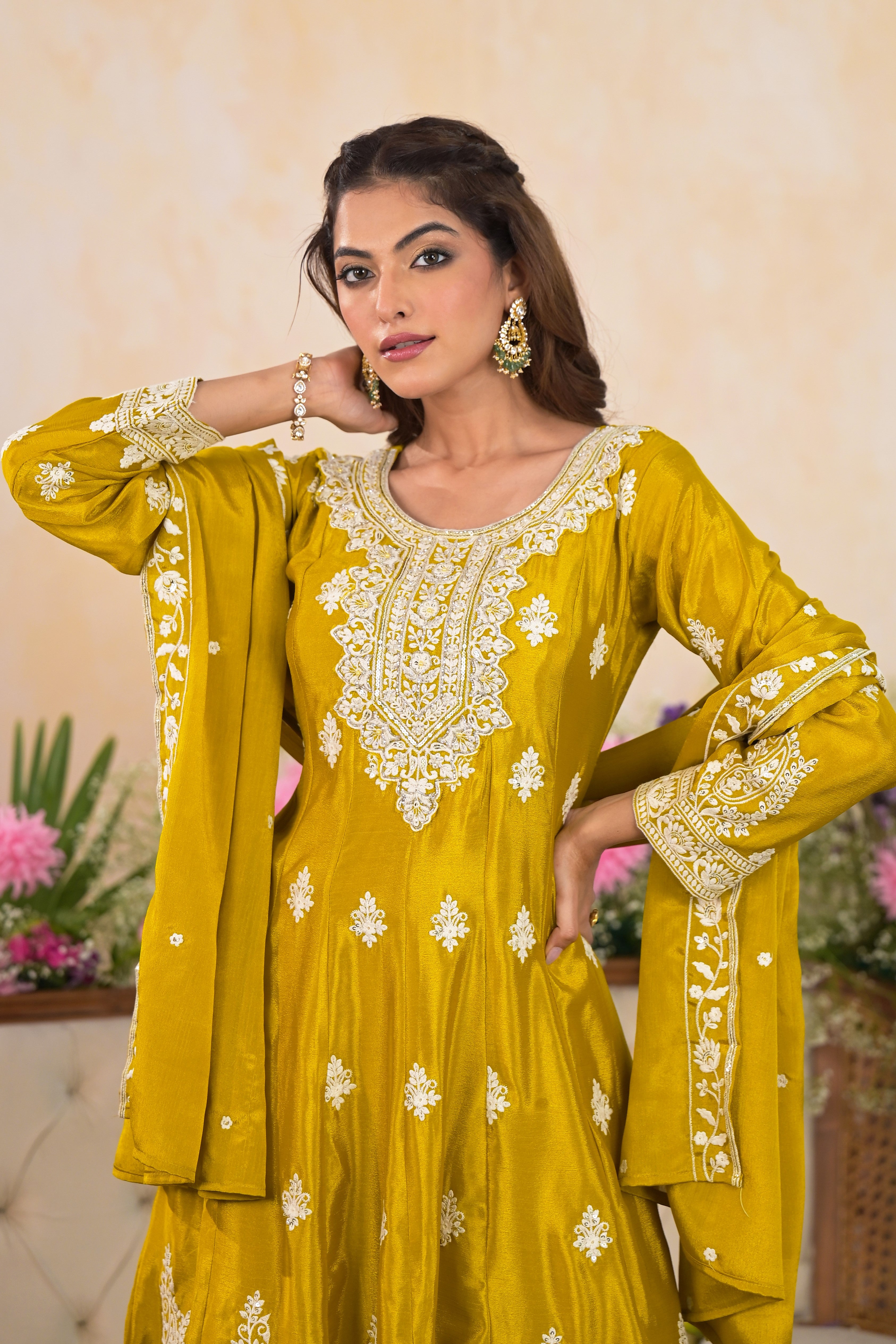 Corn Yellow Embroidered Chinon Silk Sharara Set