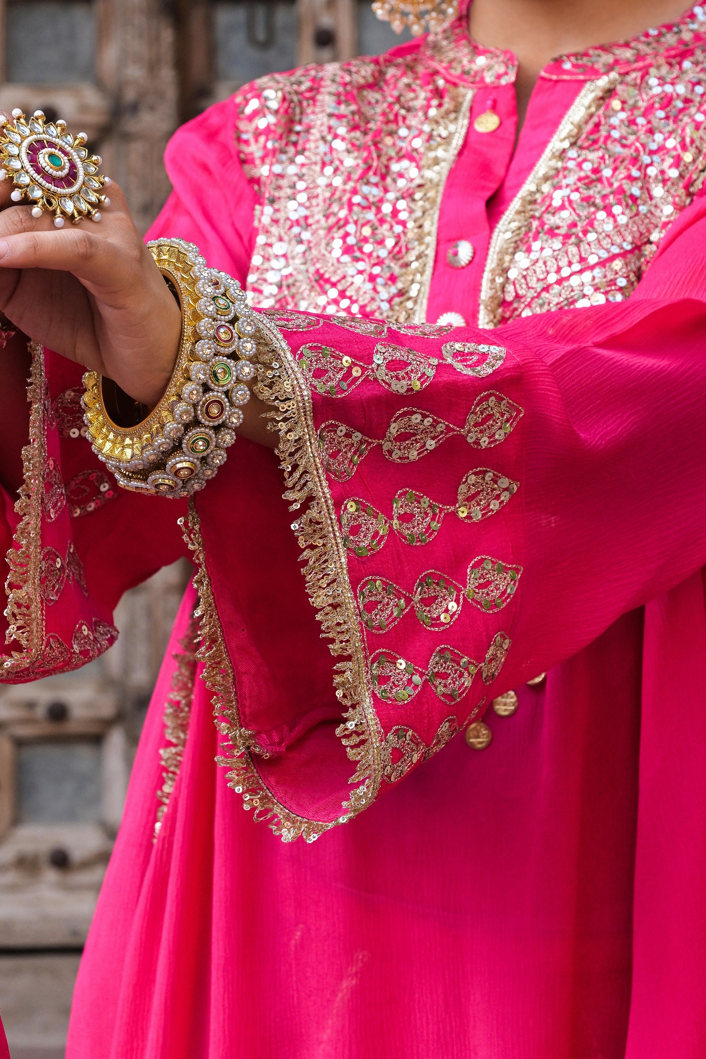 Bright Pink Embellished Chinon Silk Dhoti Set