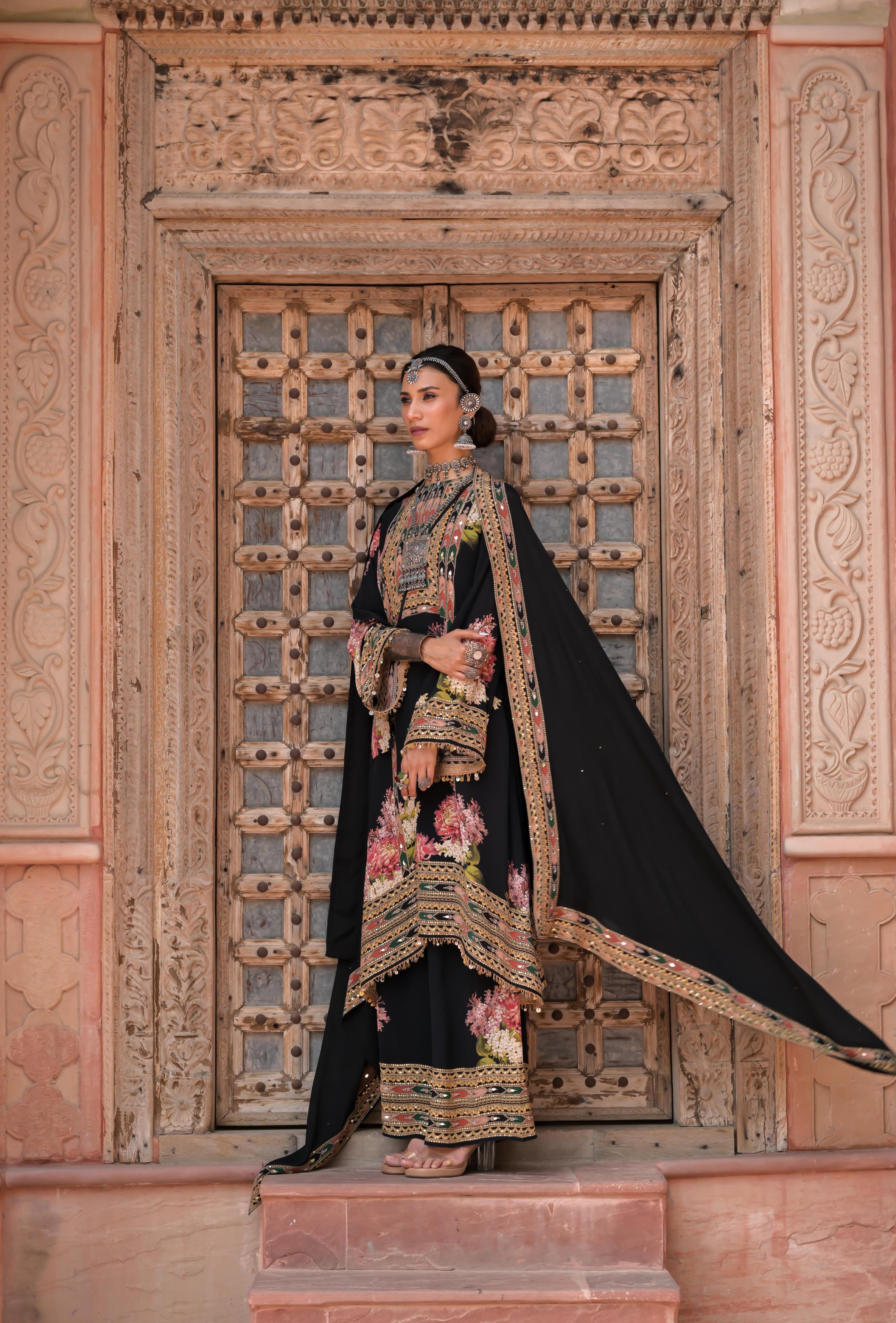 Classic Black Printed Embellished Crepe Silk Palazzo Set