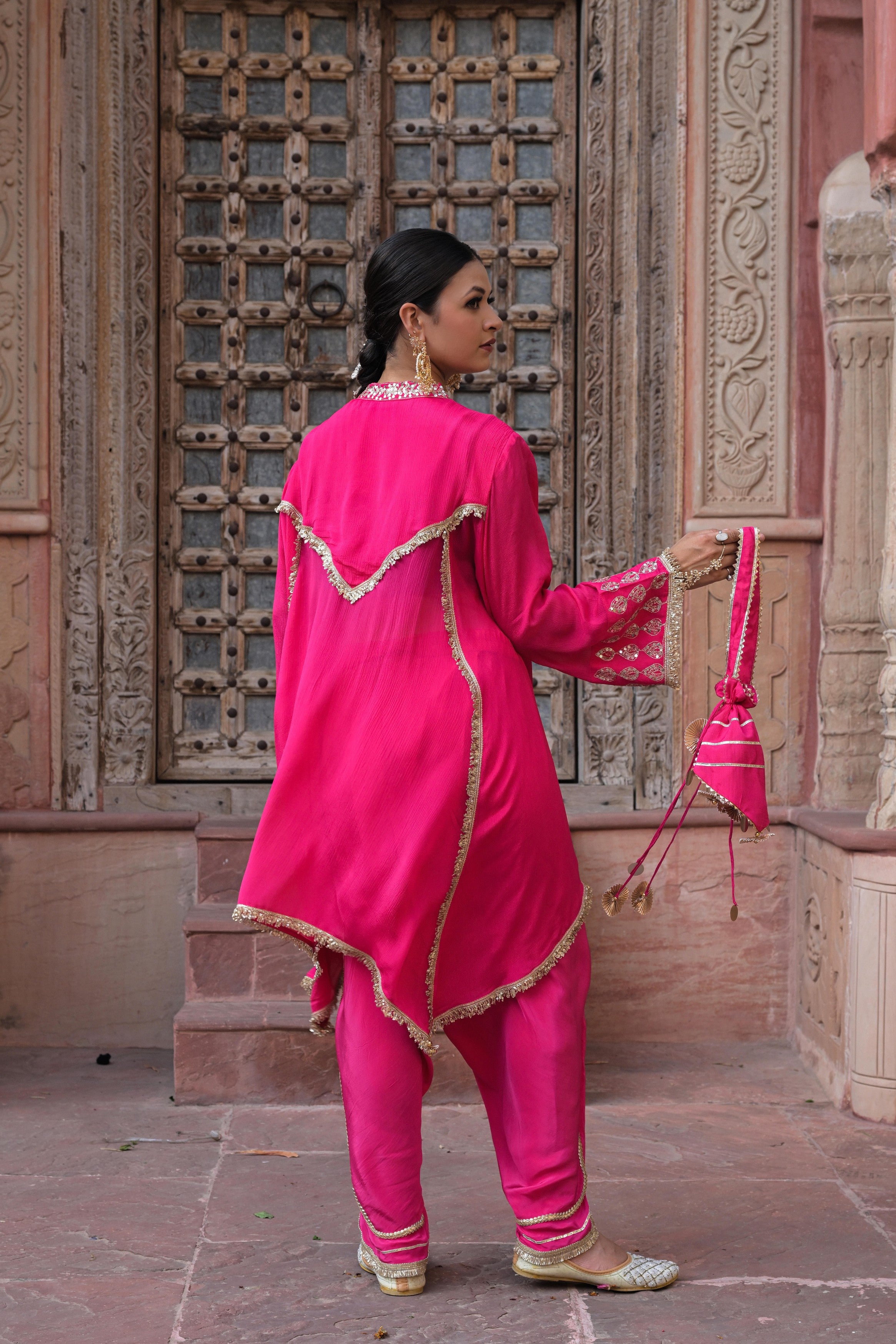 Bright Pink Embellished Chinon Silk Dhoti Set