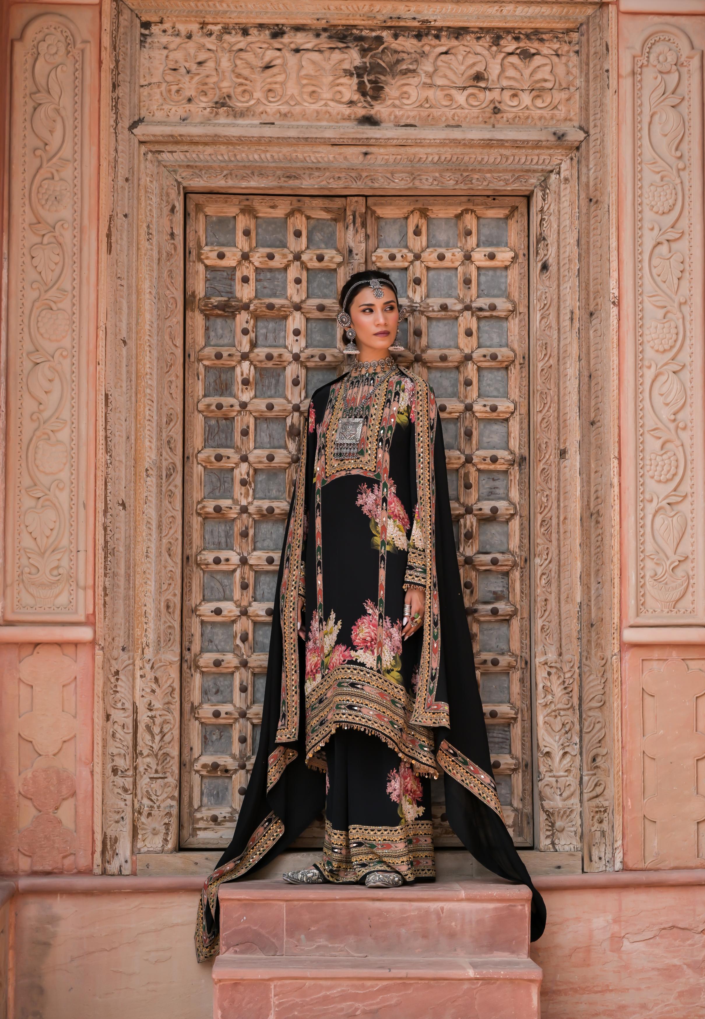 Classic Black Printed Embellished Crepe Silk Palazzo Set