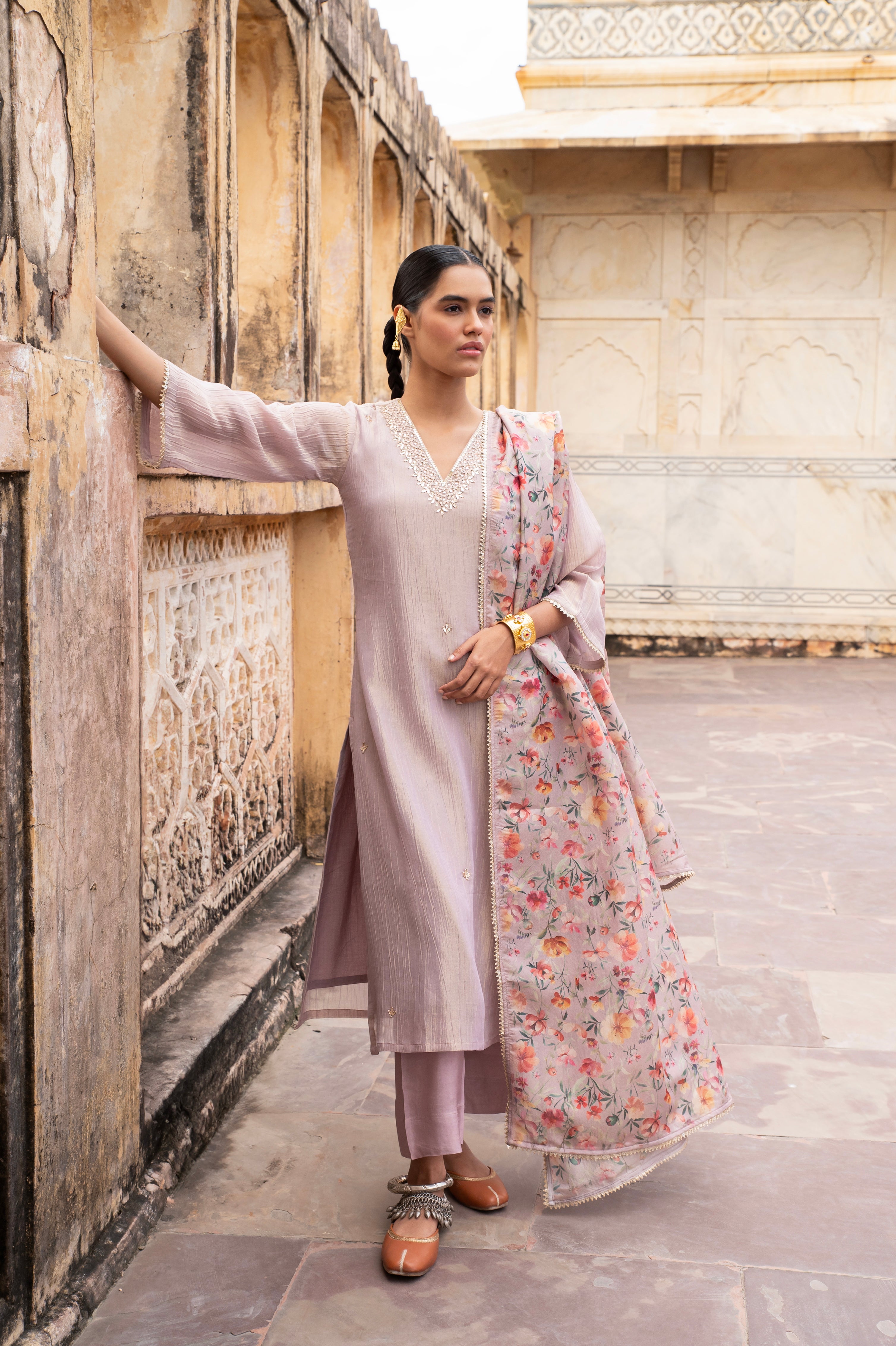 Pastel Purple Embellished Crushed Tissue Silk Pant Set
