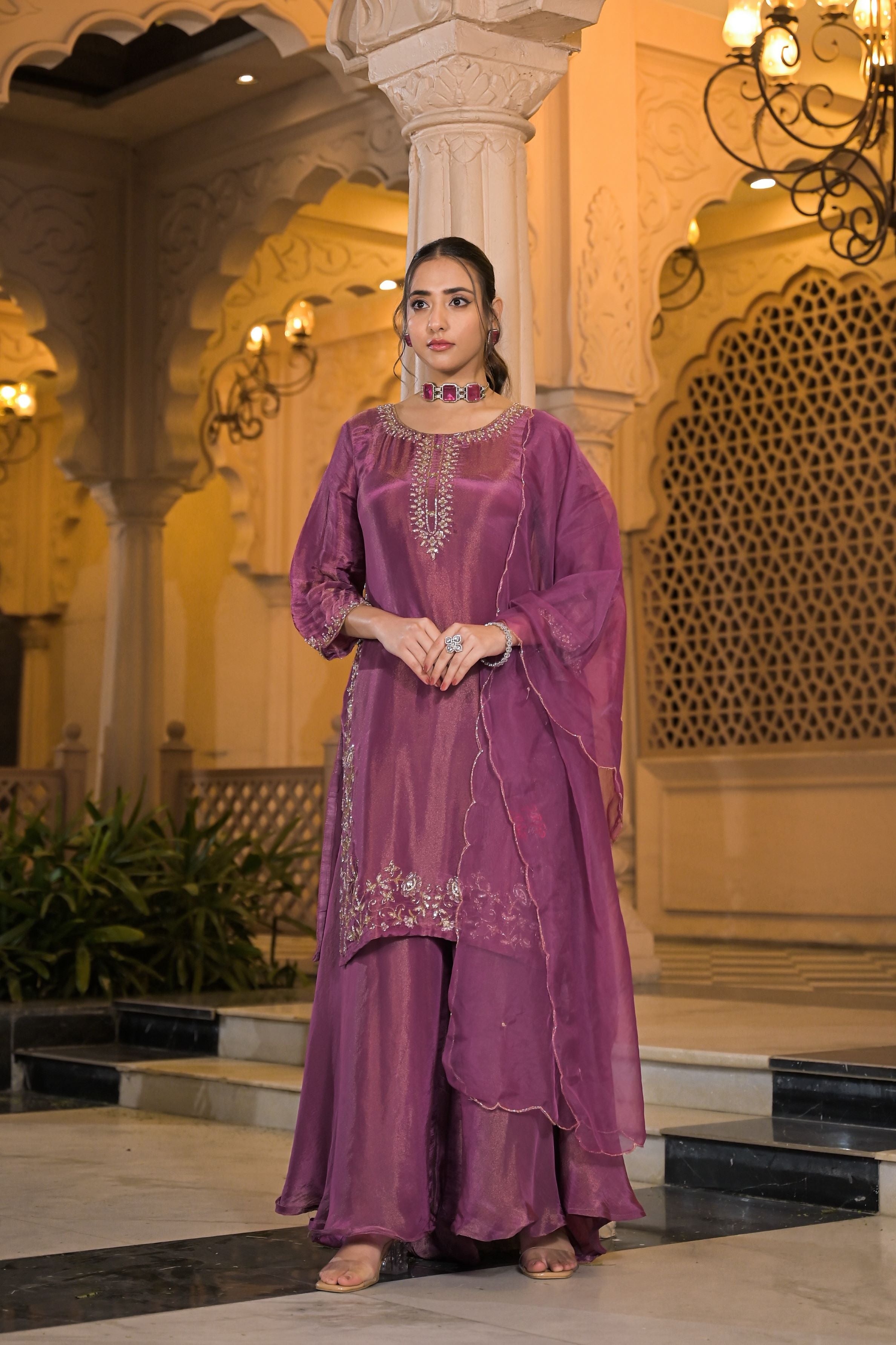 Wine Embellished Shimmer Silk Palazzo Set