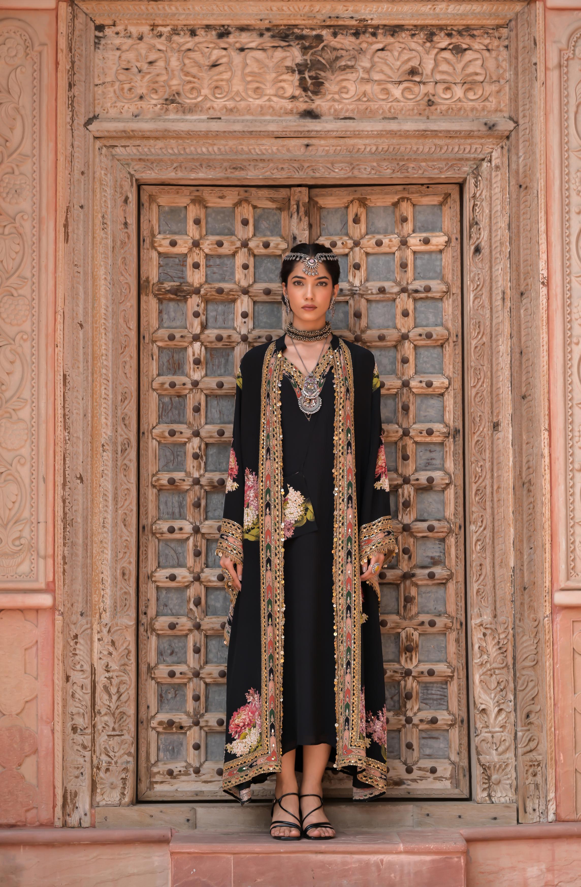 Midnight Black Printed Embellished Crepe Silk Cape Set