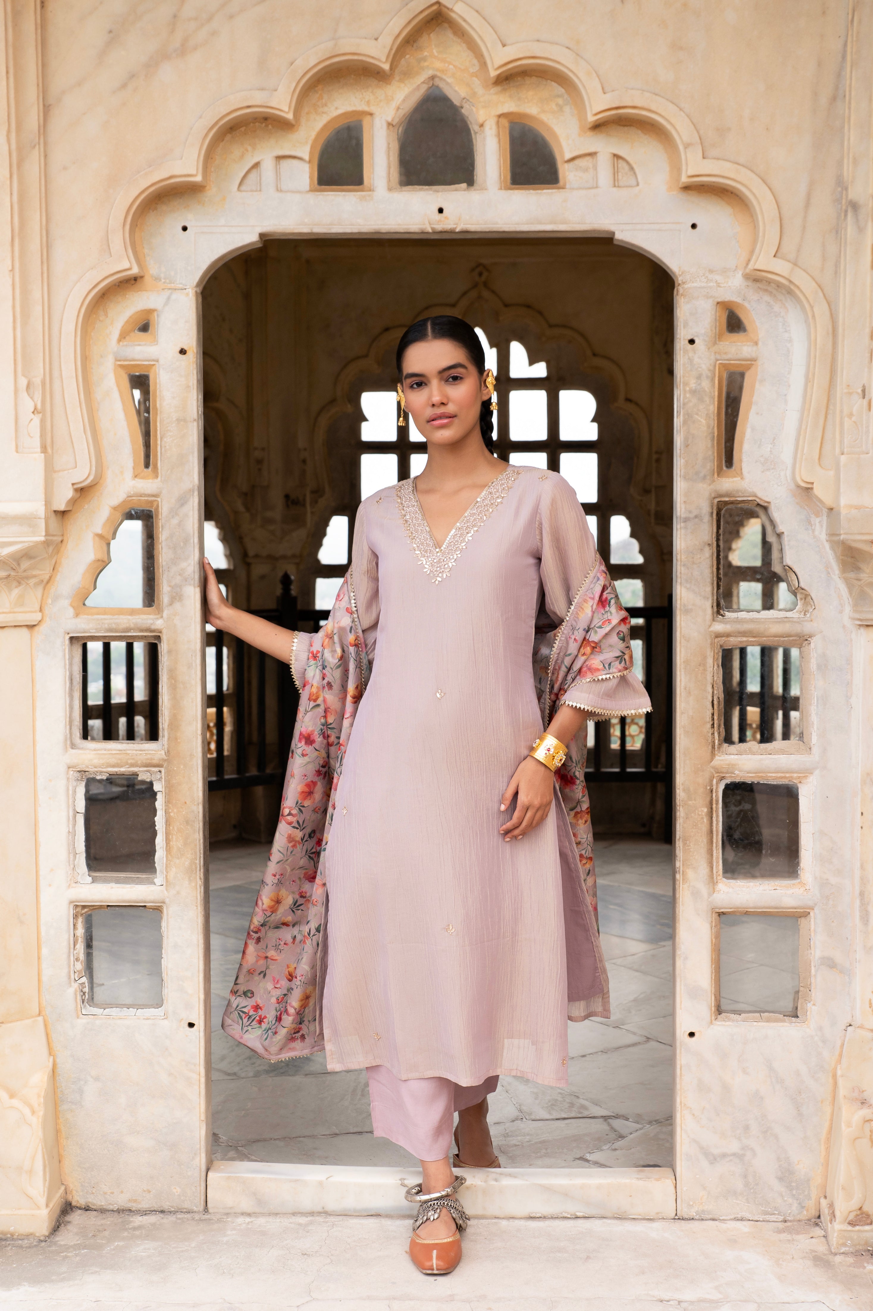 Pastel Purple Embellished Crushed Tissue Silk Pant Set