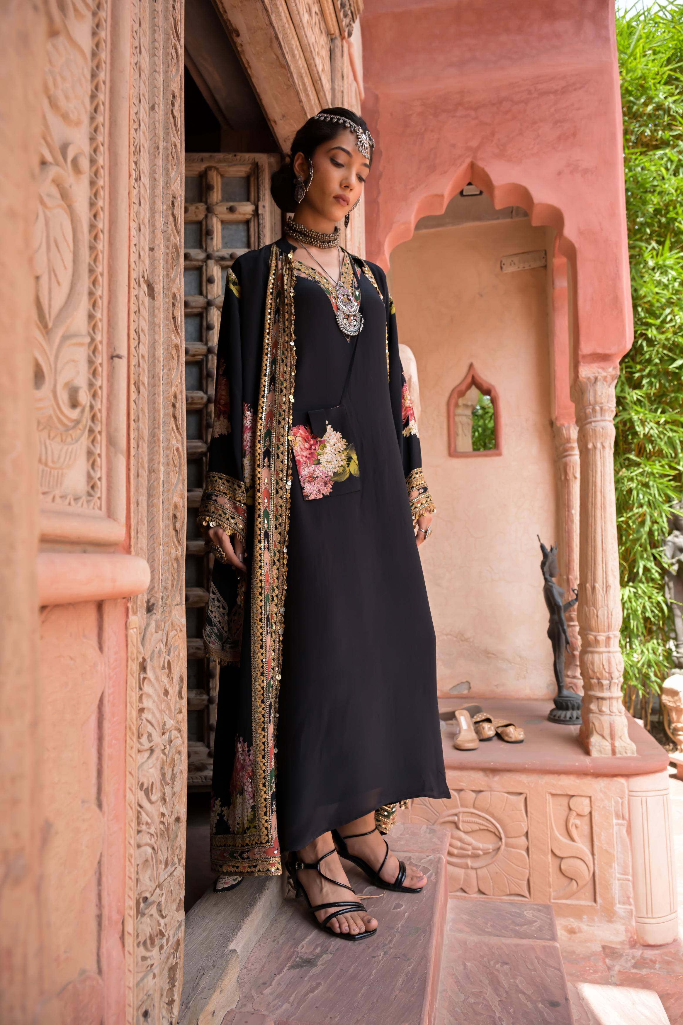Midnight Black Printed Embellished Crepe Silk Cape Set