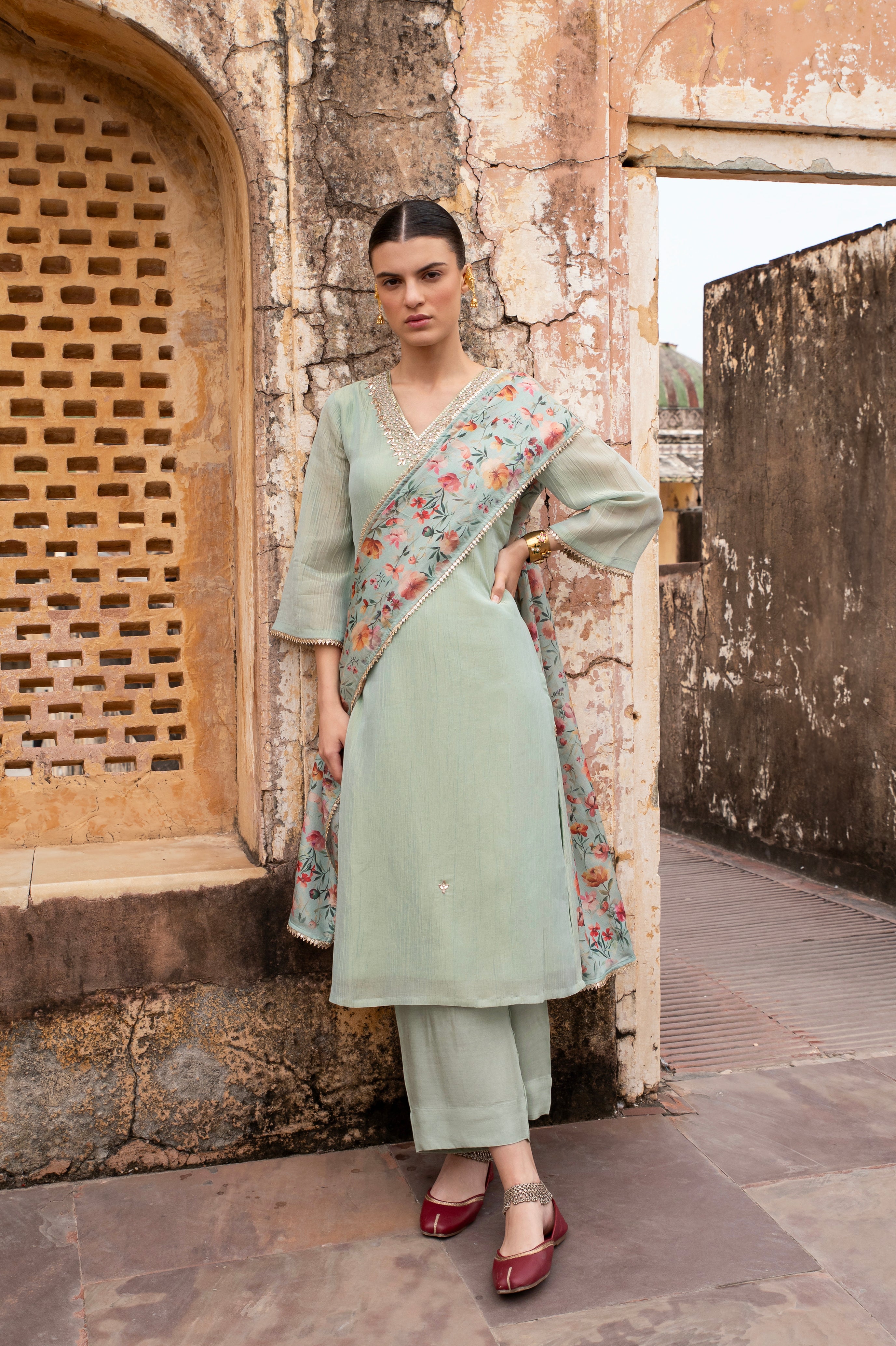 Pastel Green Embellished Crushed Tissue Silk Pant Set