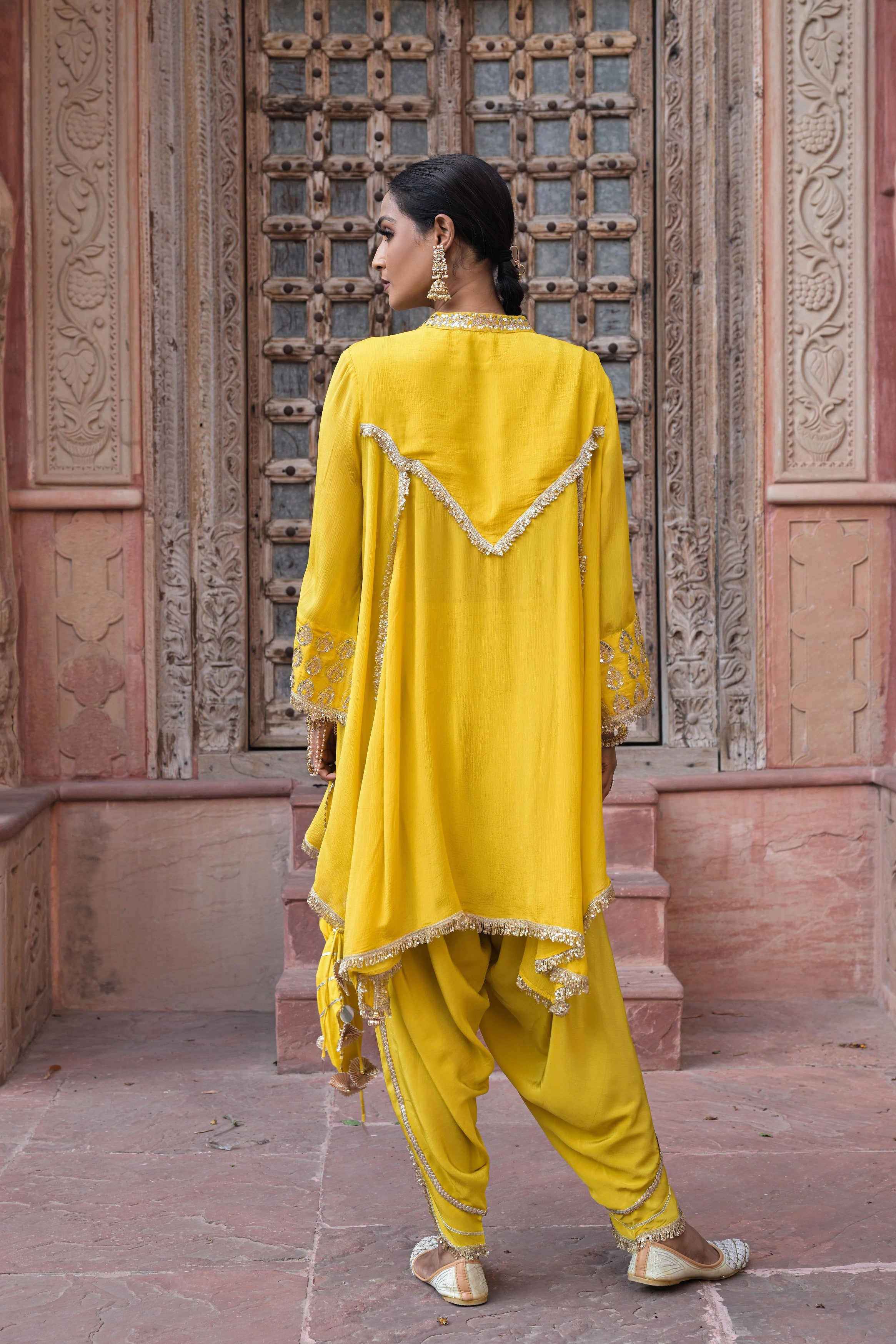 Bright Yellow Embellished Chinon Silk Dhoti Set