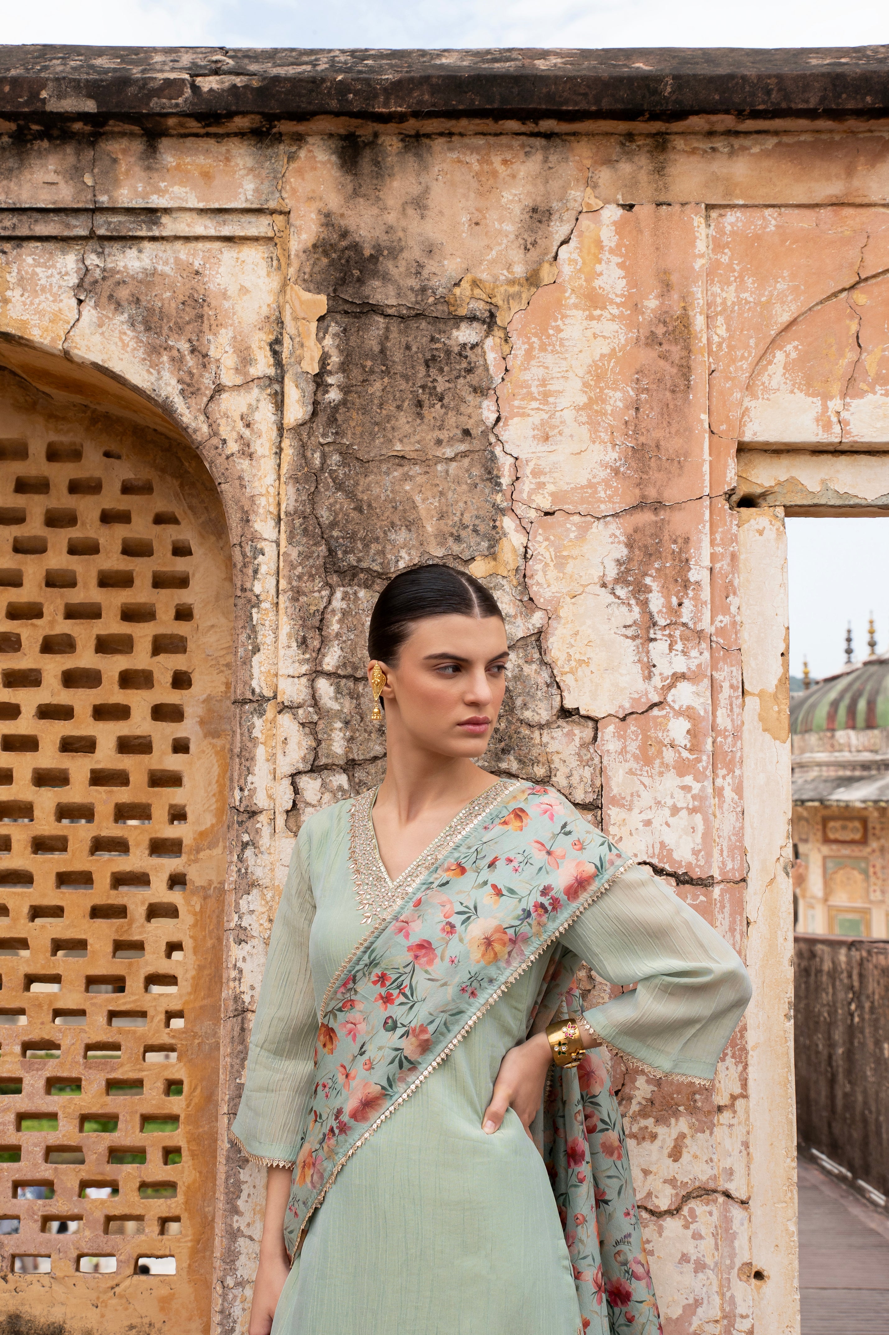 Pastel Green Embellished Crushed Tissue Silk Pant Set