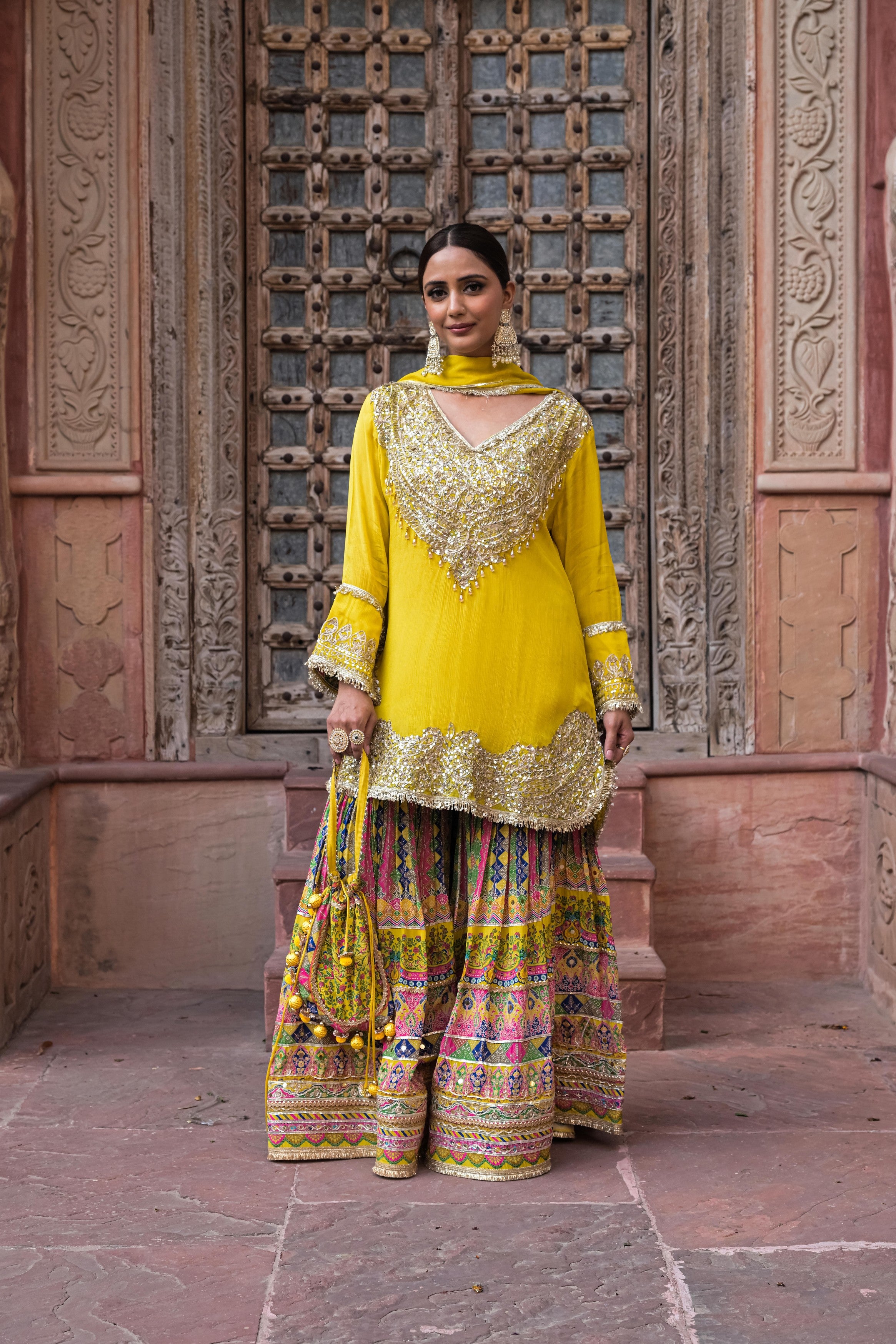 Lemon Yellow Embellished Chinon Silk Sharara Set