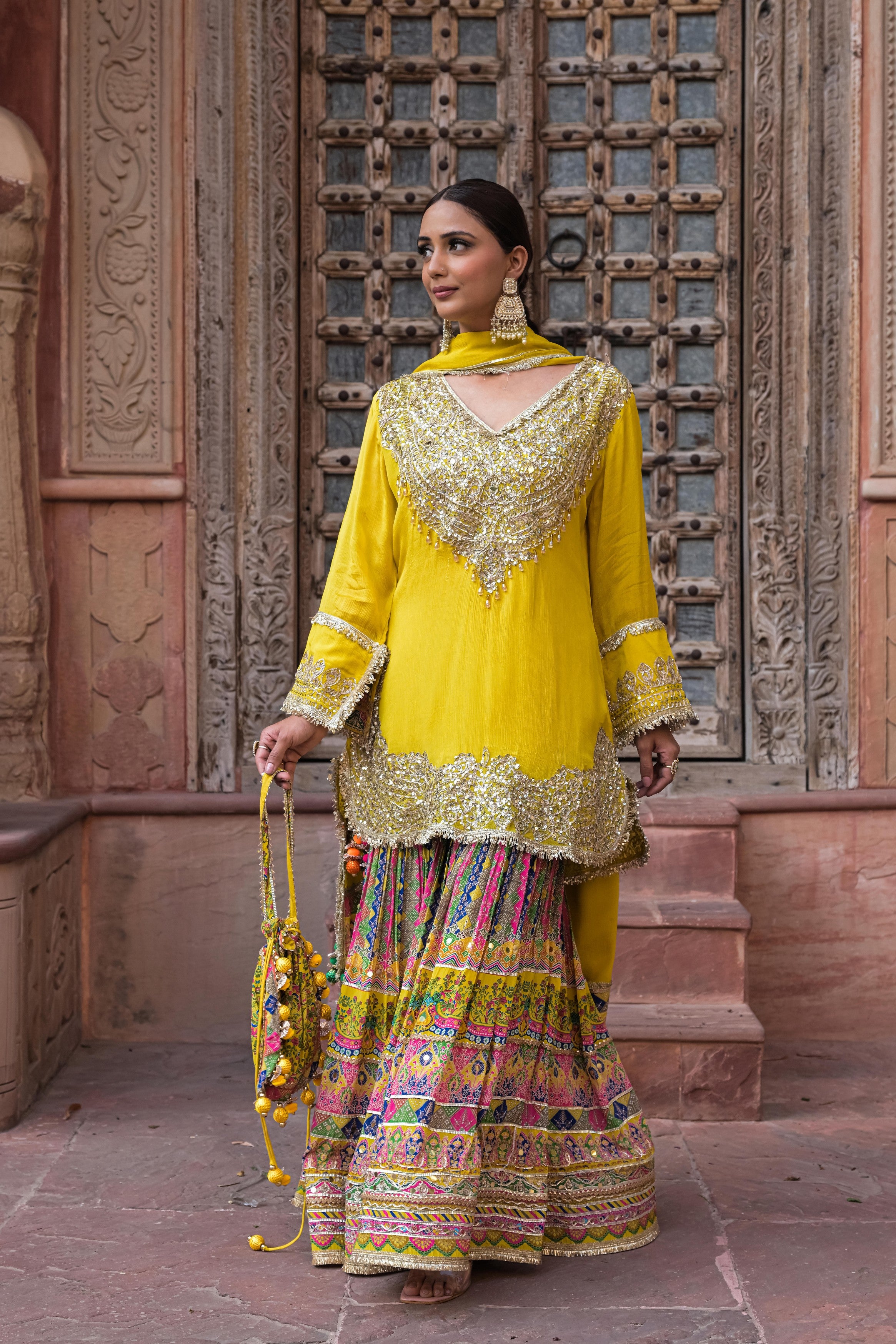 Lemon Yellow Embellished Chinon Silk Sharara Set