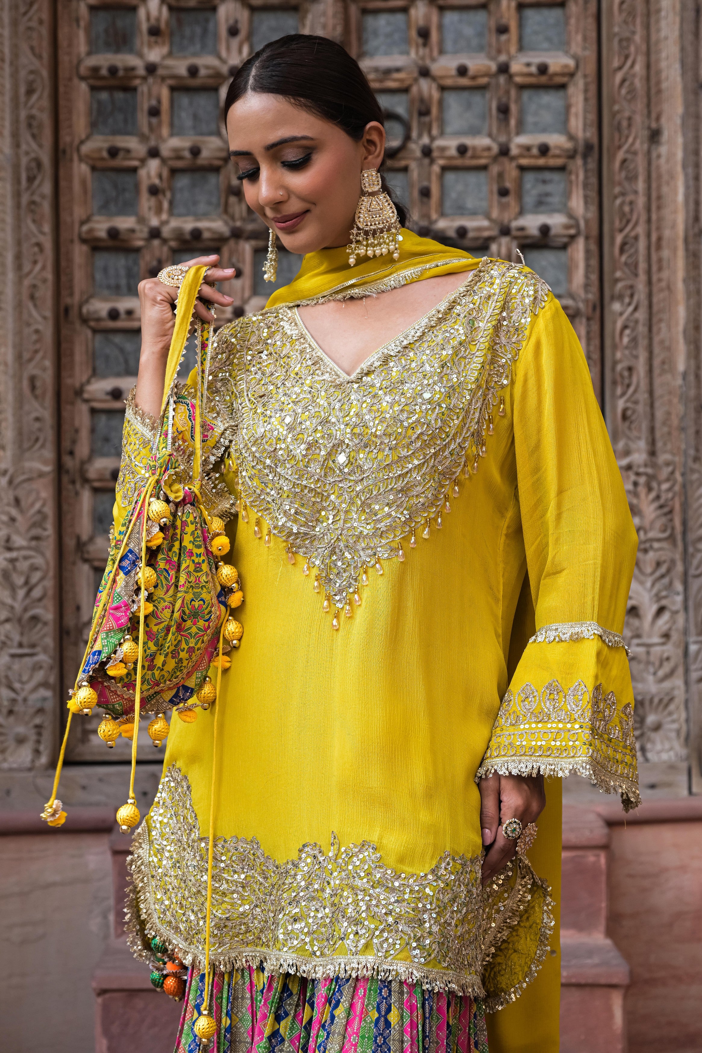 Lemon Yellow Embellished Chinon Silk Sharara Set
