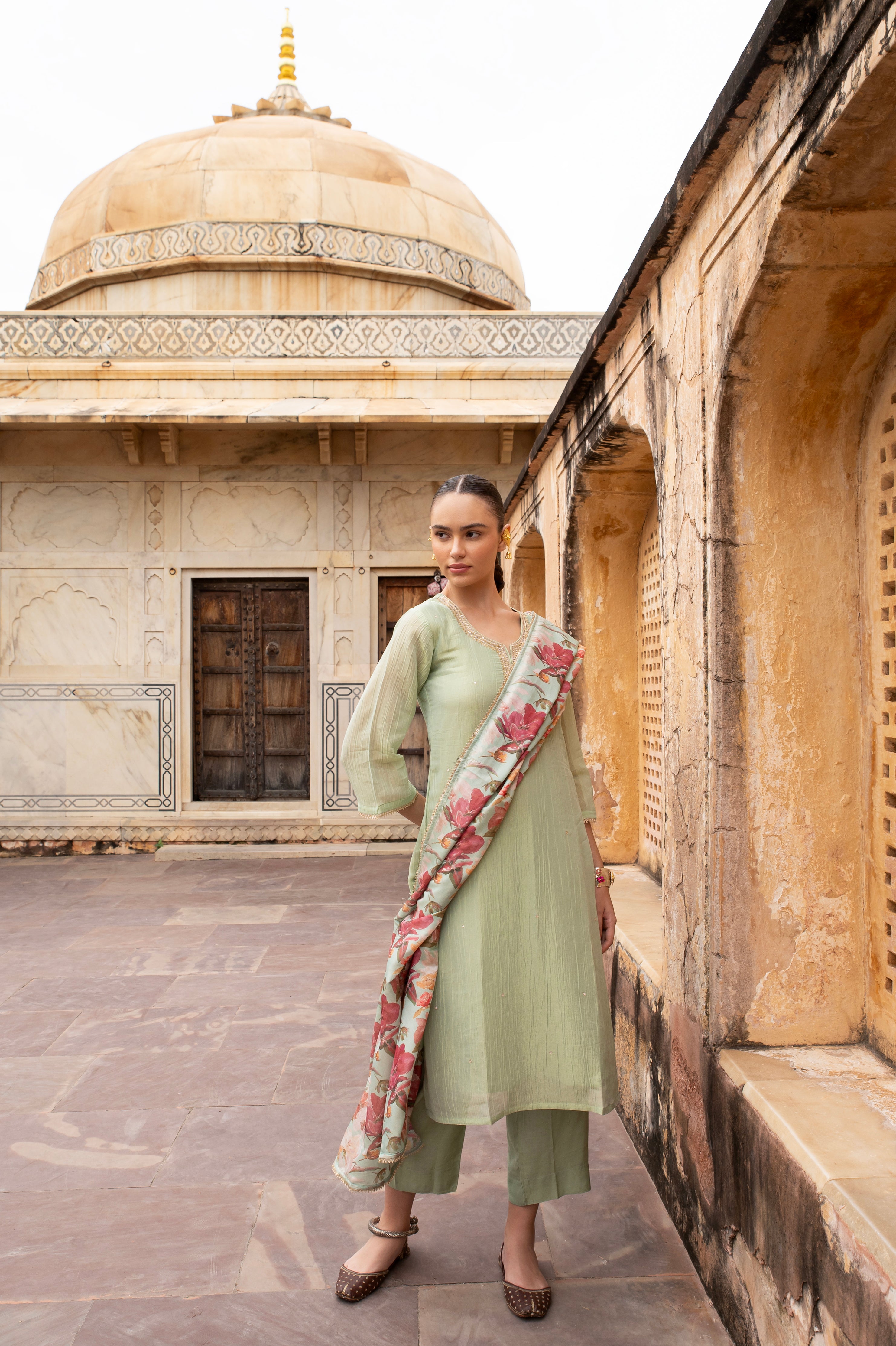 Green Embellished Crushed Tissue Silk Pant Set