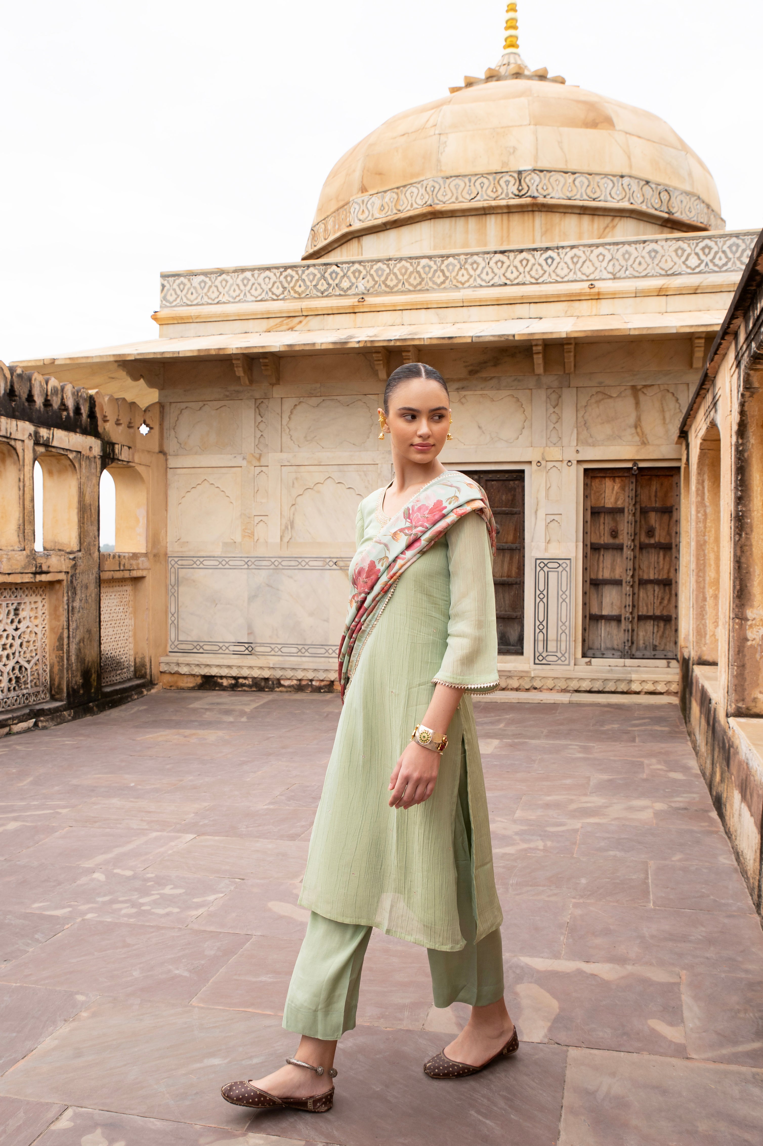 Green Embellished Crushed Tissue Silk Pant Set