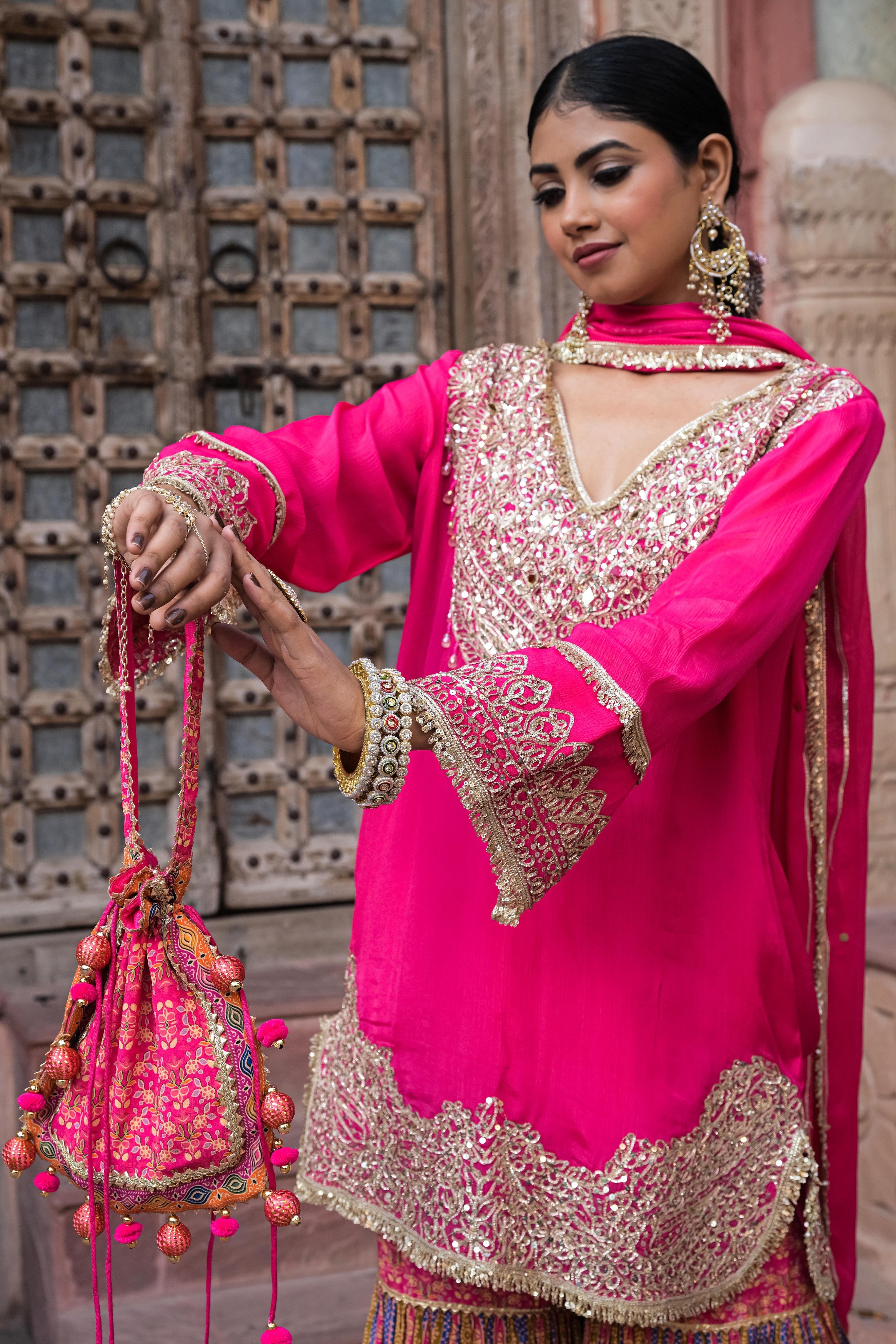 Hot Pink Embellished Chinon Silk Sharara Set
