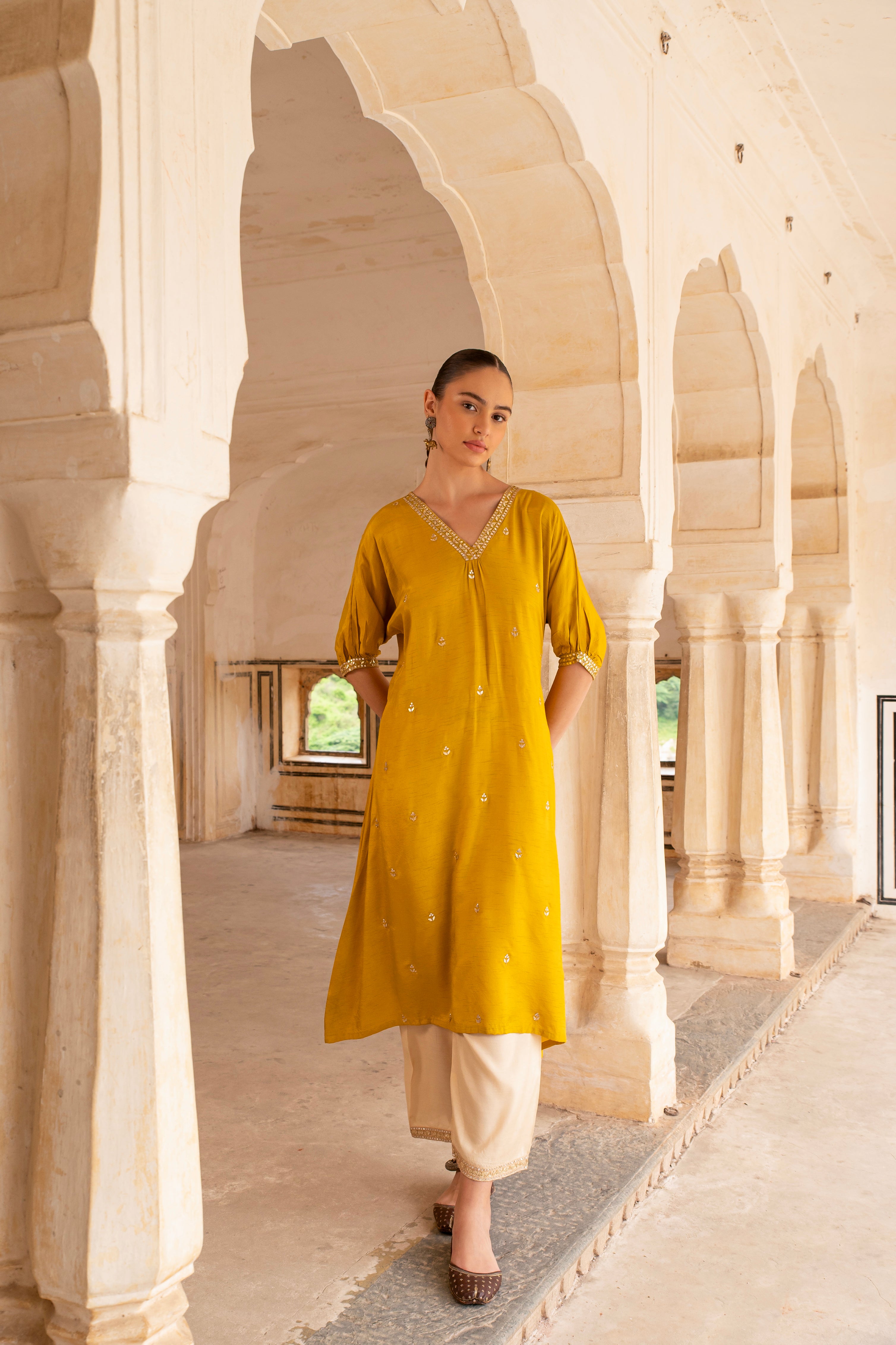 Mustard Embellished Dola Silk Kurta Set