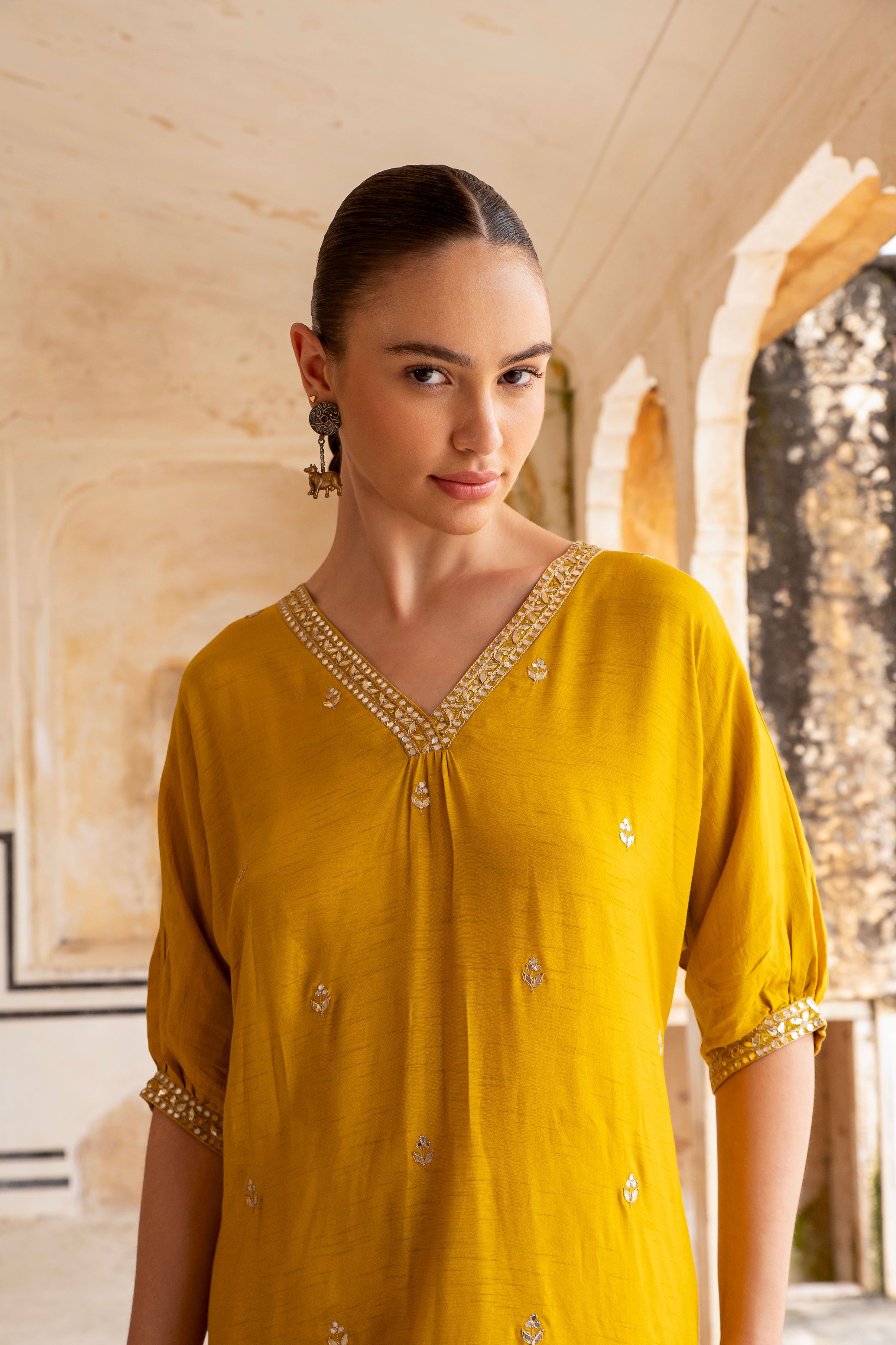 Mustard Embellished Dola Silk Kurta Set