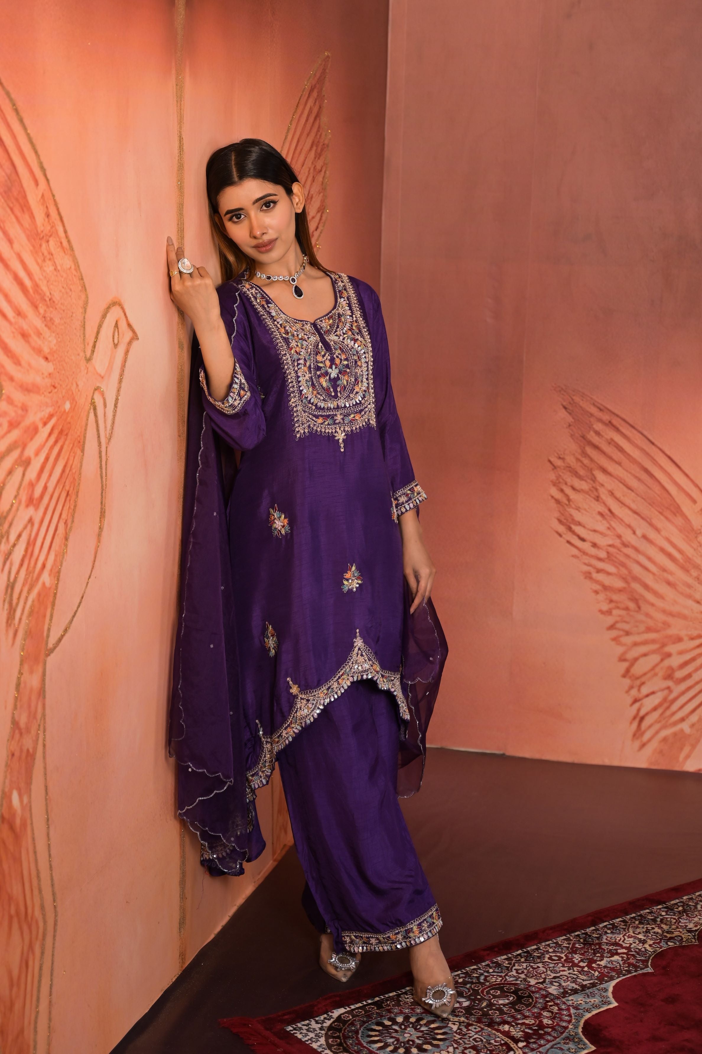 Purple Embellished Raw Silk Pants Set