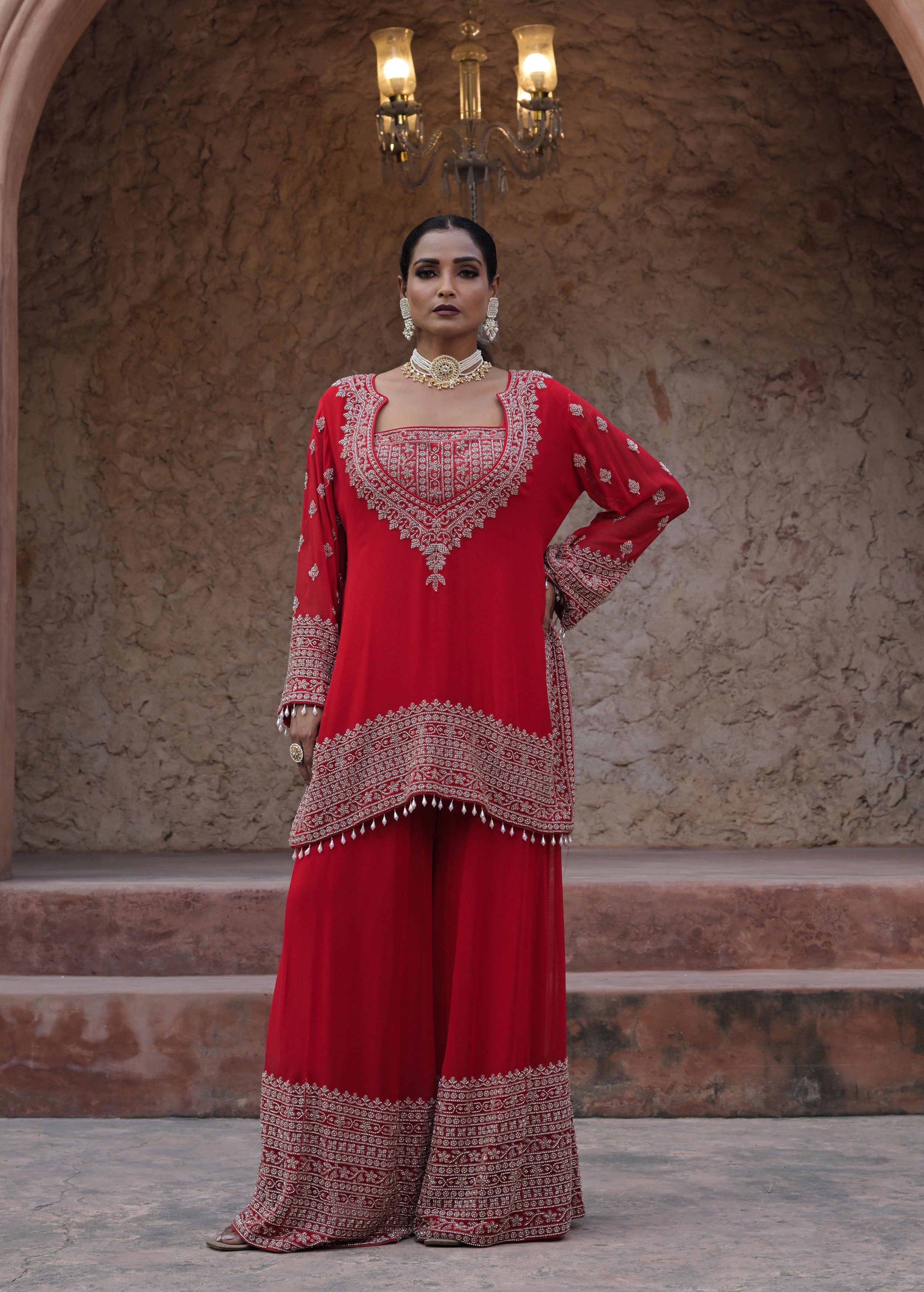 Rich Red Embellished Georgette Silk Palazzo Set