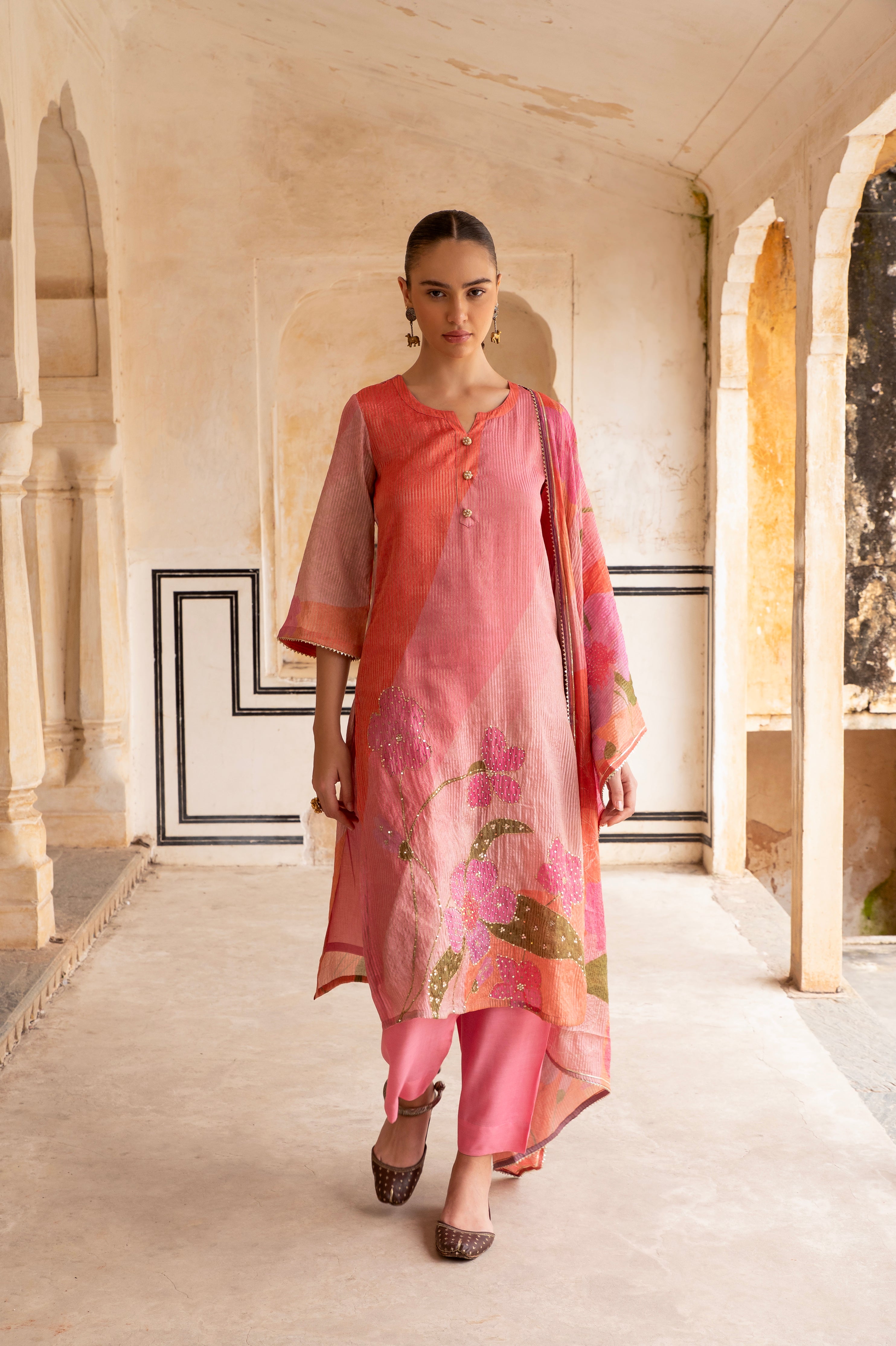 Light Pink Embellished  Premium Silk Pant Set