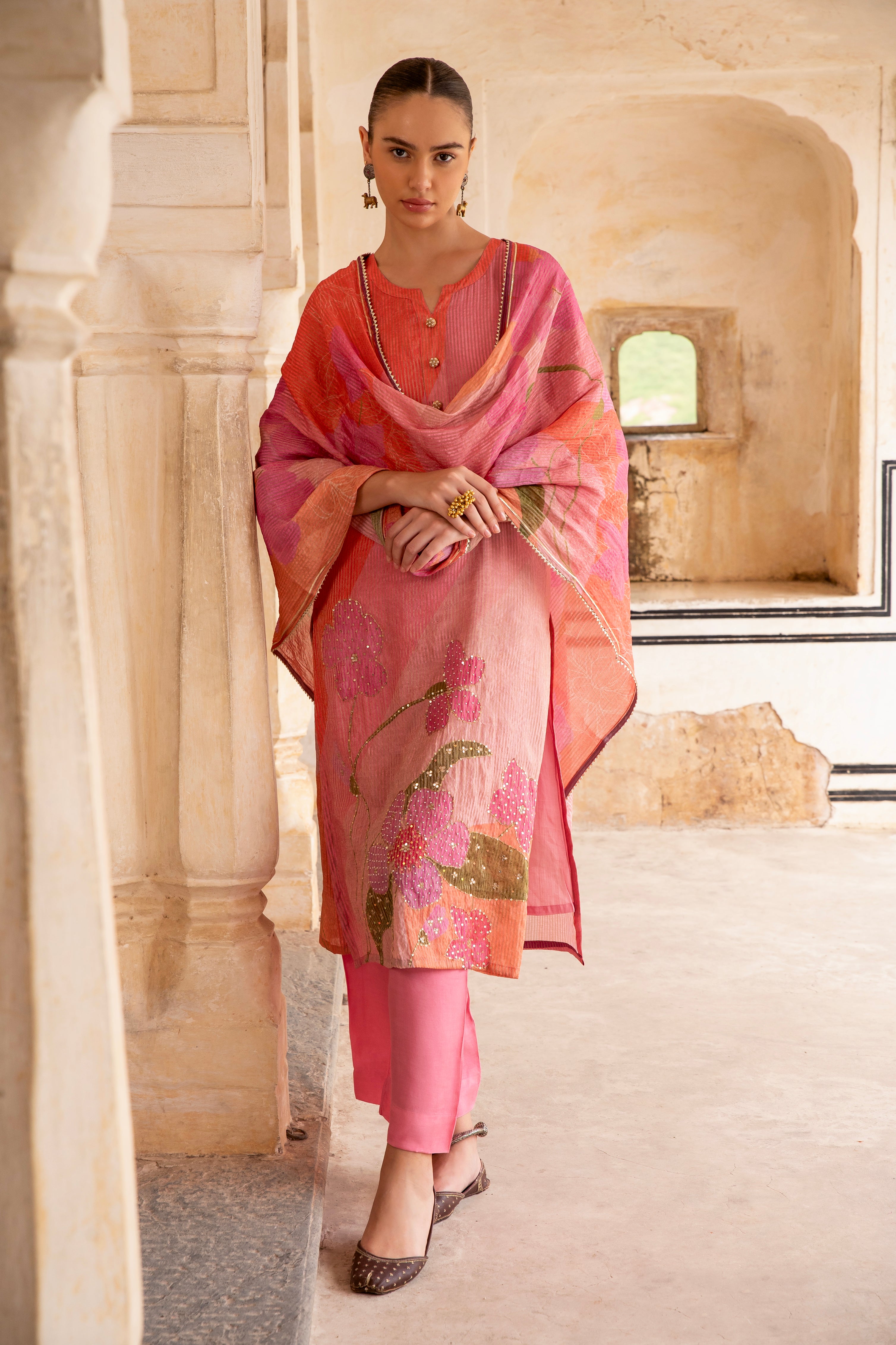 Light Pink Embellished  Premium Silk Pant Set