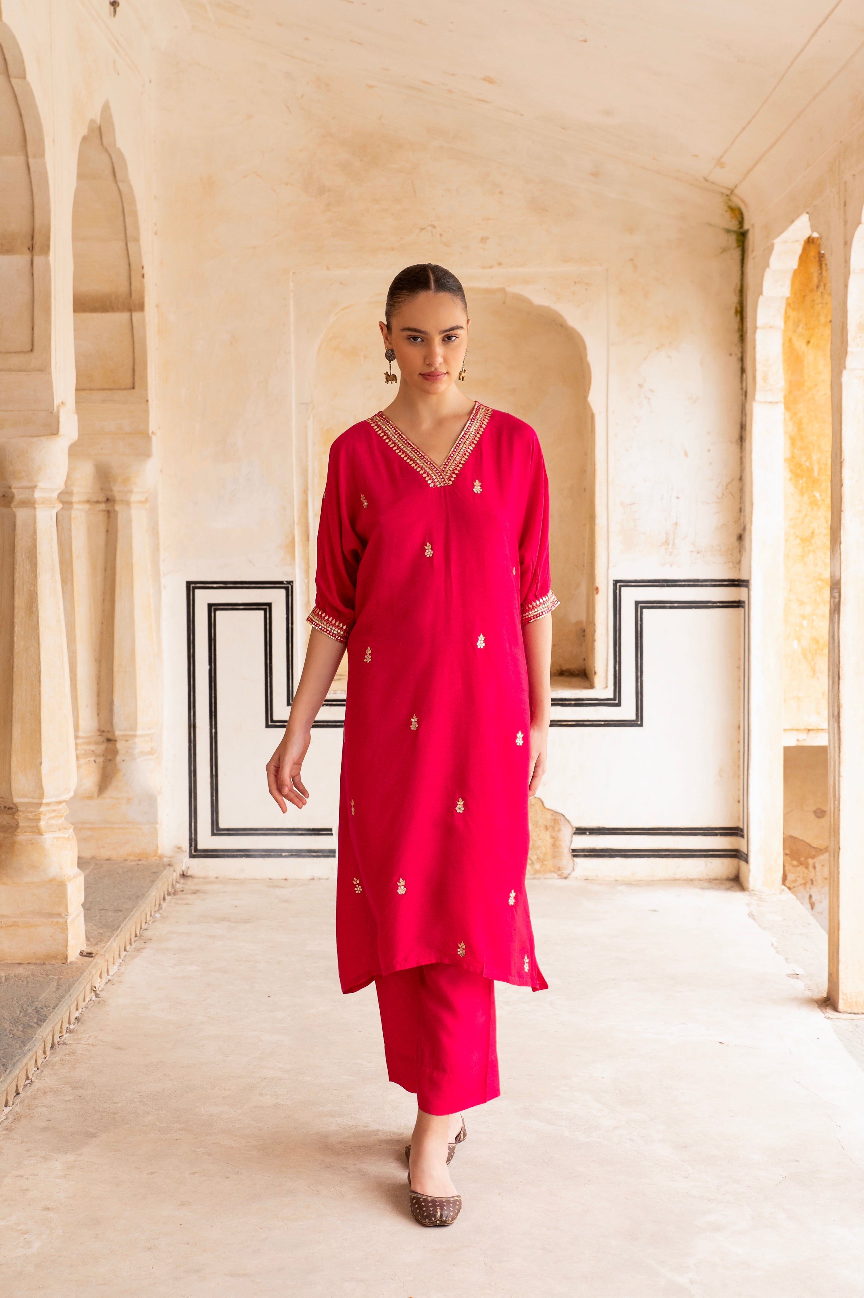 Hot Pink Embellished Dola Silk Kurta Set