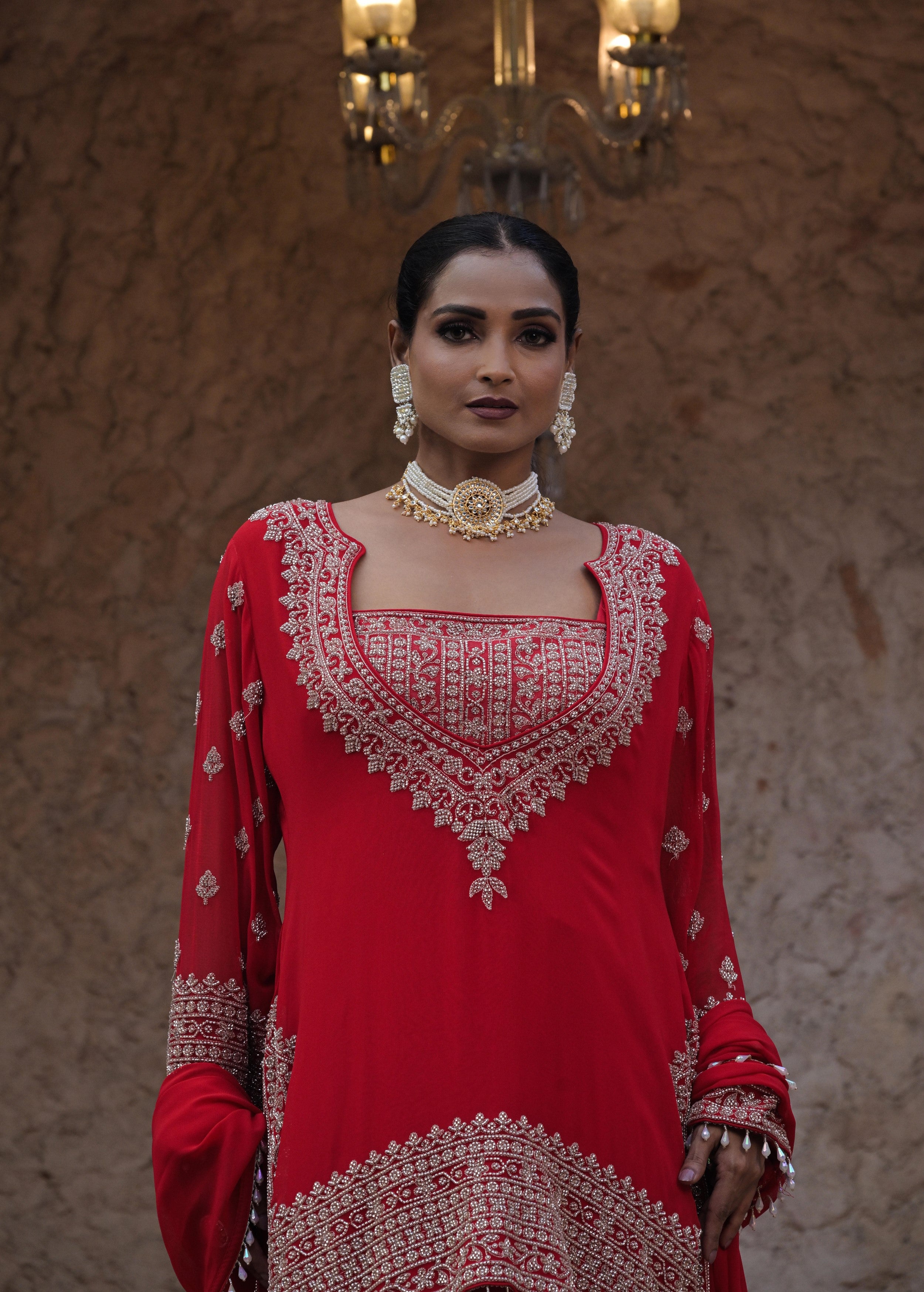 Rich Red Embellished Georgette Silk Palazzo Set