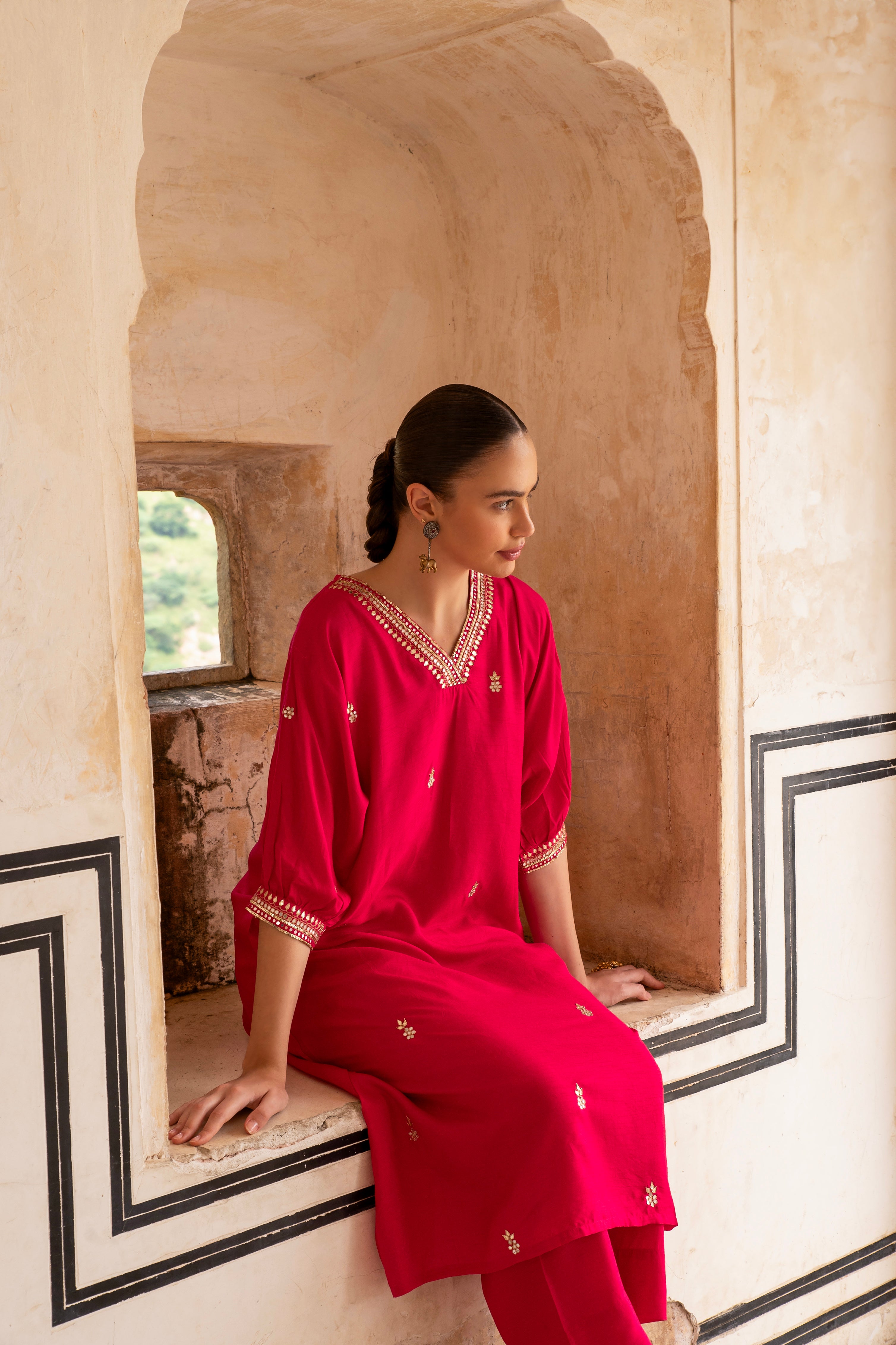 Hot Pink Embellished Dola Silk Kurta Set