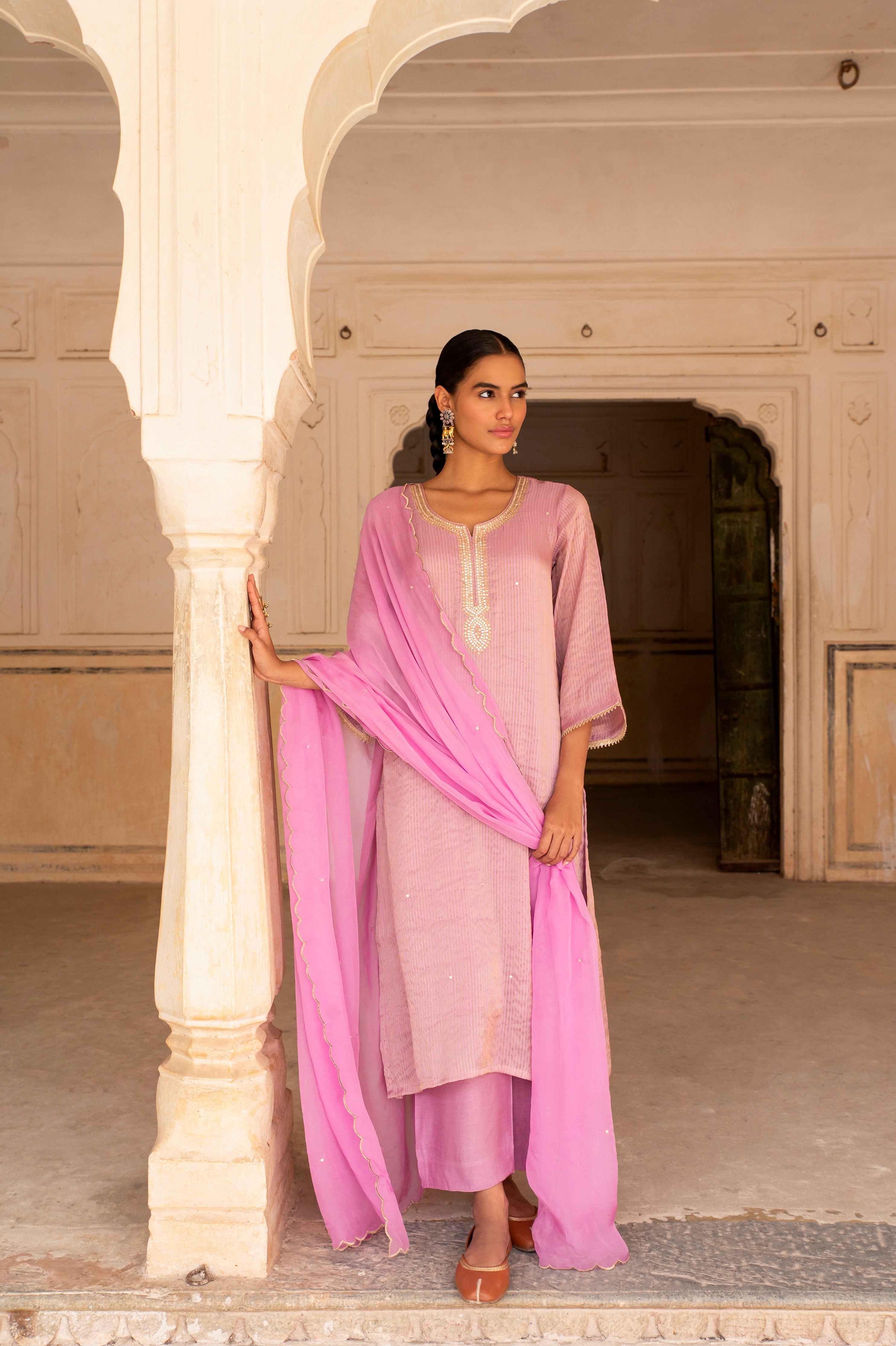 Pink Embellished Premium Silk Pant Set