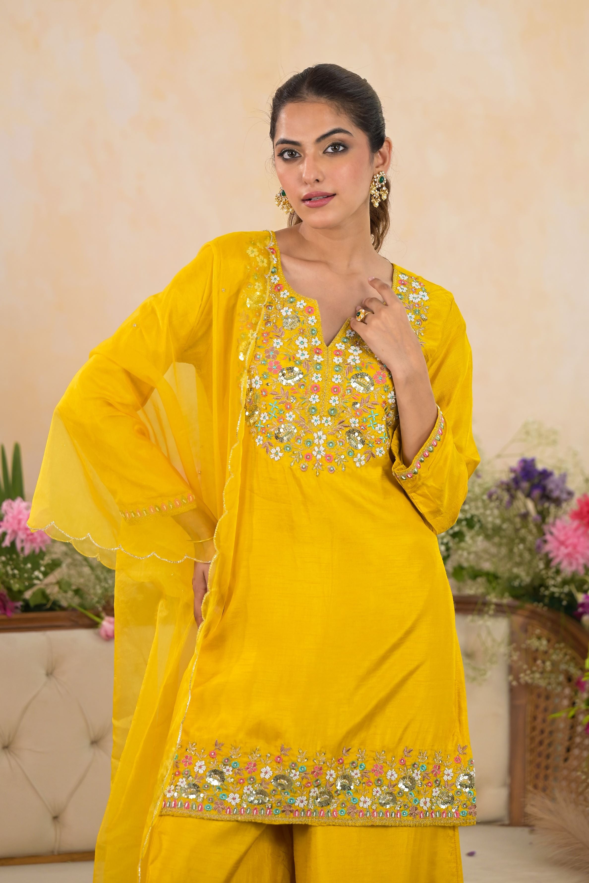 Bright Yellow Embroidered Raw Silk Palazzo Set