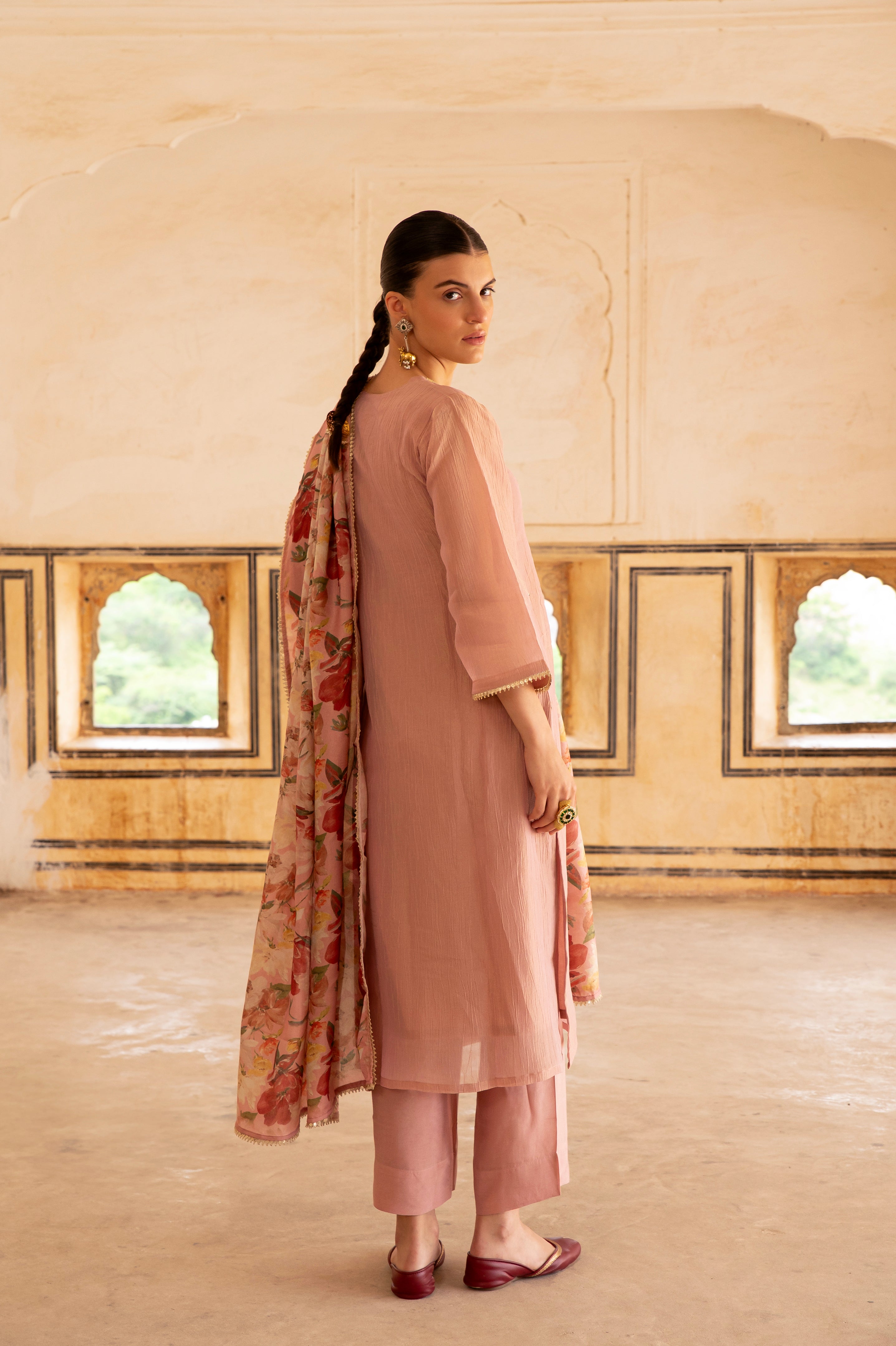 Pink Embellished Crushed Tissue Silk Pant Set
