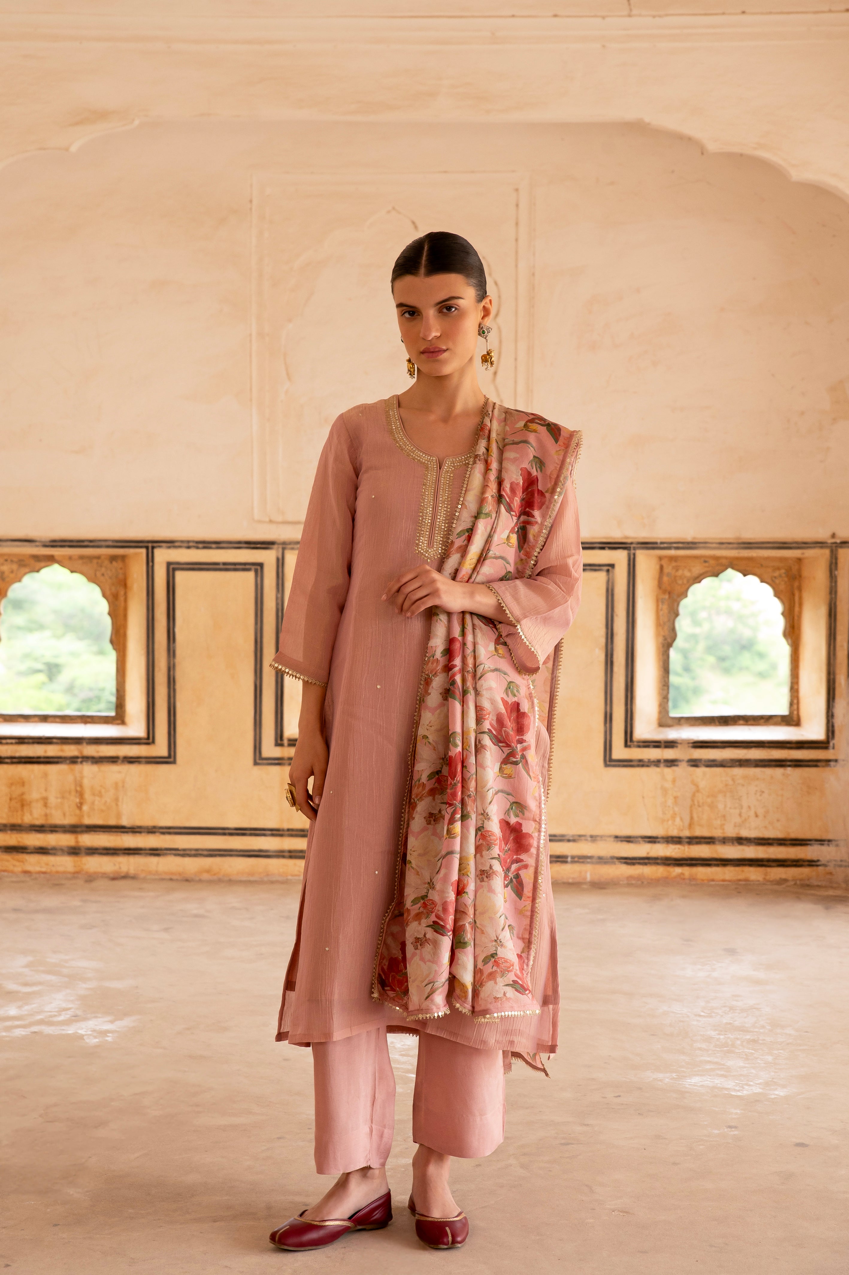 Pink Embellished Crushed Tissue Silk Pant Set